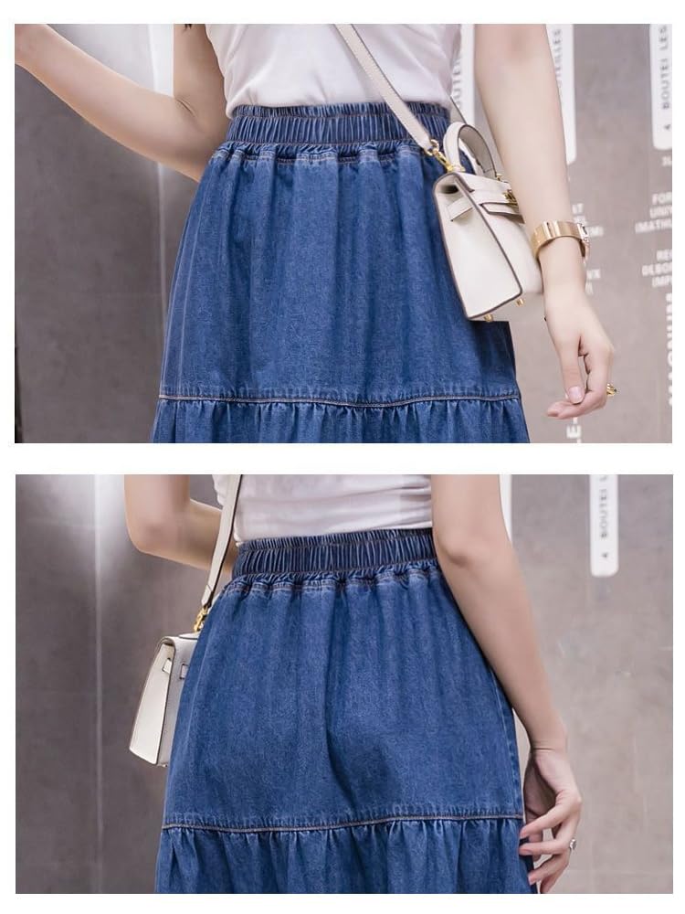 Women's A-Line Flare Denim Jean Skirt with Ruffle Hem & Elastic Waist - Casual Long Skirt for Women, Perfect for Spring, Summer, and Fall Outfits
