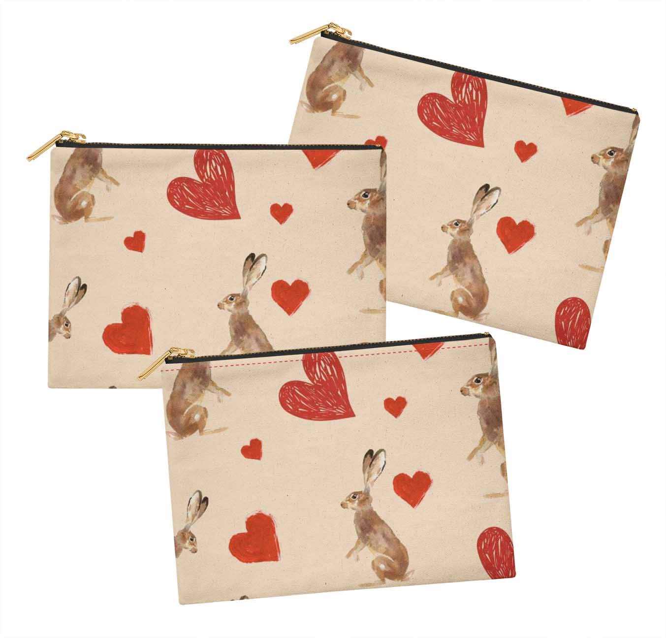 Pack of 3 White Bunny & Heart Printed Makeup Cosmetic Bags - 6 x 8 Inches Toiletry Organizer & Coin Purse for Travel, Gym, and Daily Essentials Storage