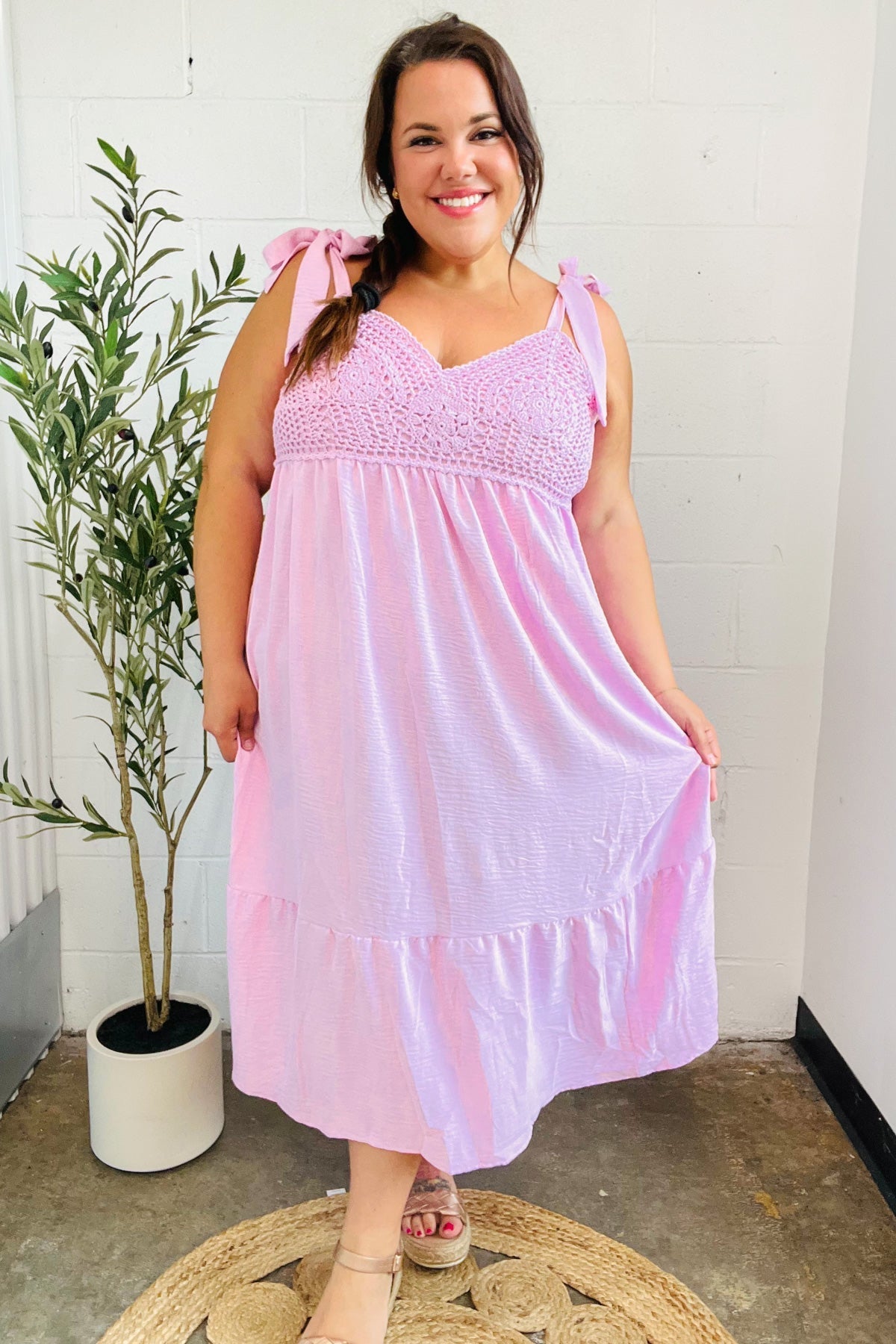 Elegant Pink Crochet Lace Babydoll Midi Dress for Women - Romantic Summer Outfit for Date Night & Beach Vacations