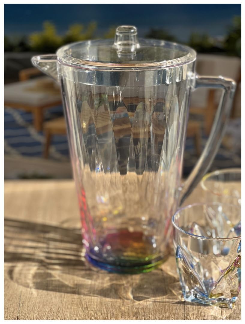 2.5 Quart BPA-Free Plastic Water Pitcher with Lid - Rainbow Design, Unbreakable, Leak-Proof Spout - Perfect for Iced Tea, Juice, Lemonade & Summer Drinks