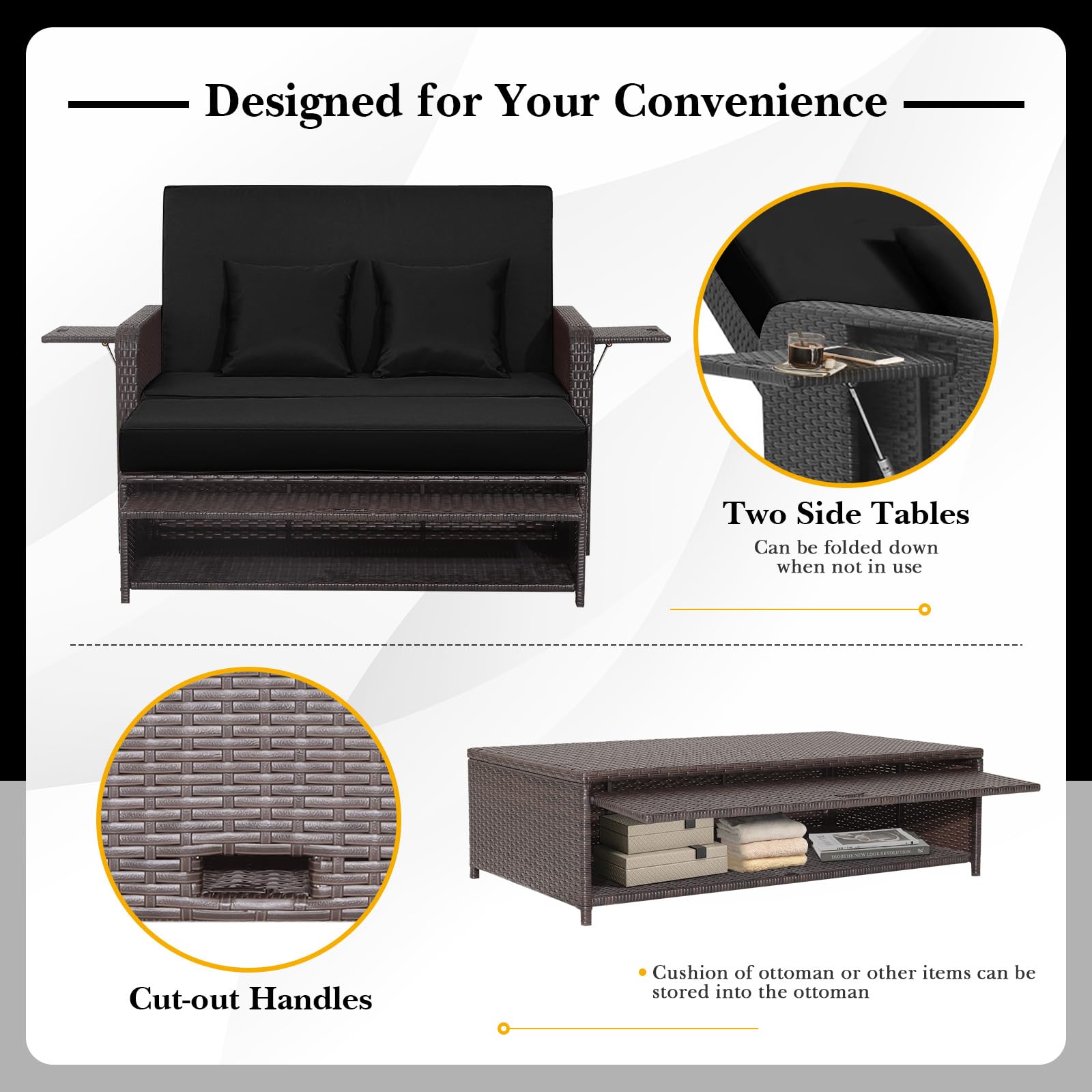 Tangkula Outdoor Rattan Daybed Set with Adjustable Backrest, Wicker Loveseat Sofa, Ottoman & Side Tray - Patio Furniture for Garden, Poolside, Balcony (Black) - Includes Storage Footstool & Cushions