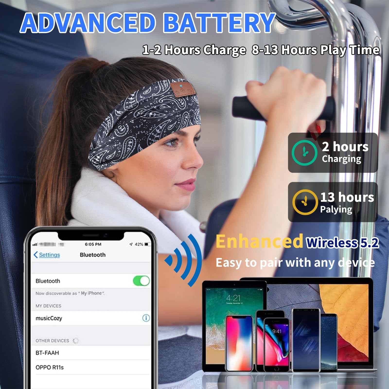 4-in-1 Bluetooth Sleep Headphones with Ultra-Thin Speakers - Wireless Sports Headband & Sleep Mask for Side Sleepers - Comfortable Workout & Night Use Headphones for Women & Men (Dark Blue) - Perfect for Gym, Running, Yoga, Travel & Relaxation