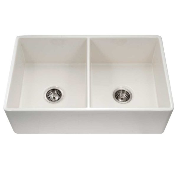 Hamat CHE 3320DHA BQ Apron Front Fireclay Double Bowl Kitchen Sink in Biscuit - Durable Farmhouse Sink for Modern Kitchens, Baking & Meal Prep