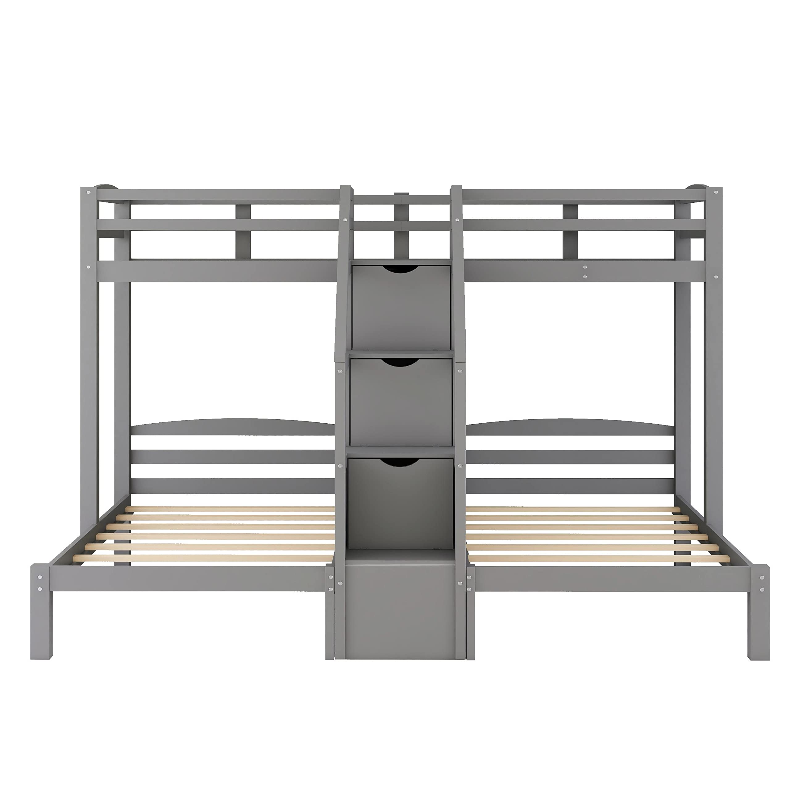 Harper & Bright Designs Triple Bunk Bed with Storage Staircase - Wood Twin Over Twin & Twin Bunk Bed Frame with Drawers & Shelves - 3-in-1 Space Saving Solution for Kids & Teens Bedroom - No Box Spring Needed (Grey) - Perfect for Small Rooms, Shared Kids' Bedrooms & Vacation Homes