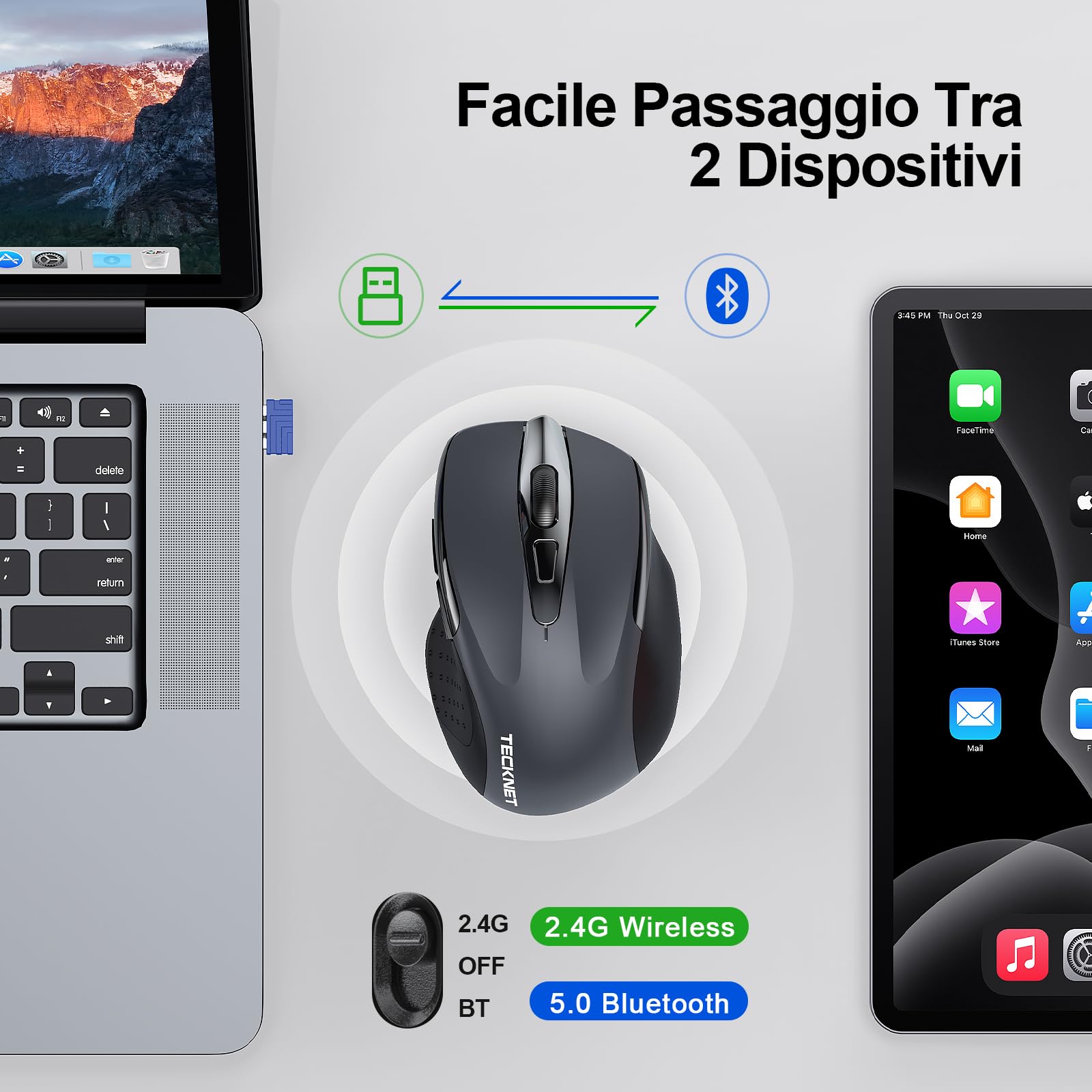 TECKNET Rechargeable Bluetooth Mouse, Wireless Silent Mouse with Tri-Mode (BT 5.0/3.0 + 2.4G), 4800 DPI Ergonomic Portable Mouse for Laptop, Mac OS, Android, Windows - Perfect for Office, Home & Travel Use