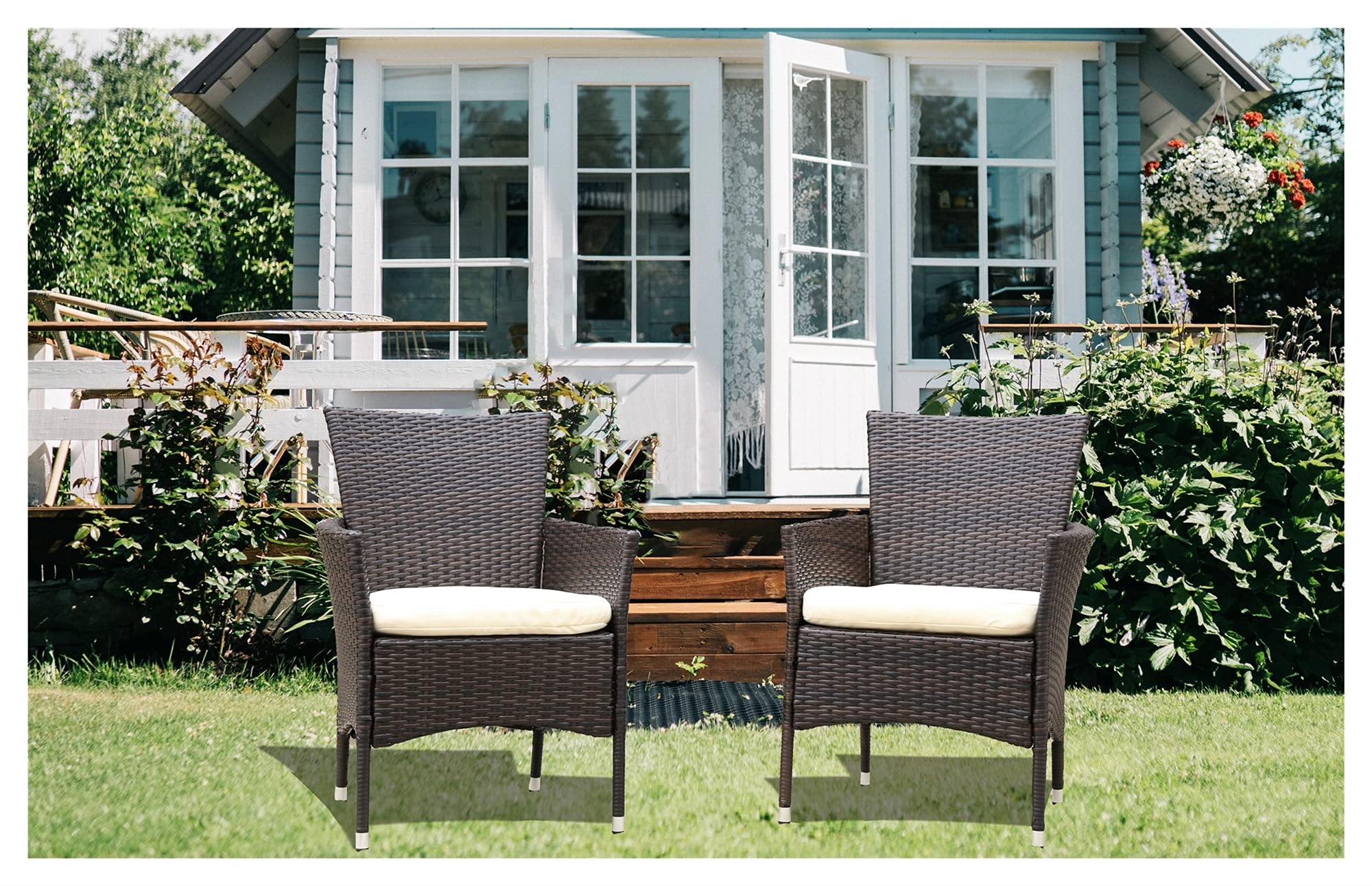 2-Piece All-Weather Patio Rattan Armchair Set with Removable Cushions - Brown Wicker & Beige Cushions - Outdoor Conversation Chairs for Garden, Backyard, Balcony, Poolside & Terrace - Perfect for Relaxing, Entertaining & Lounging