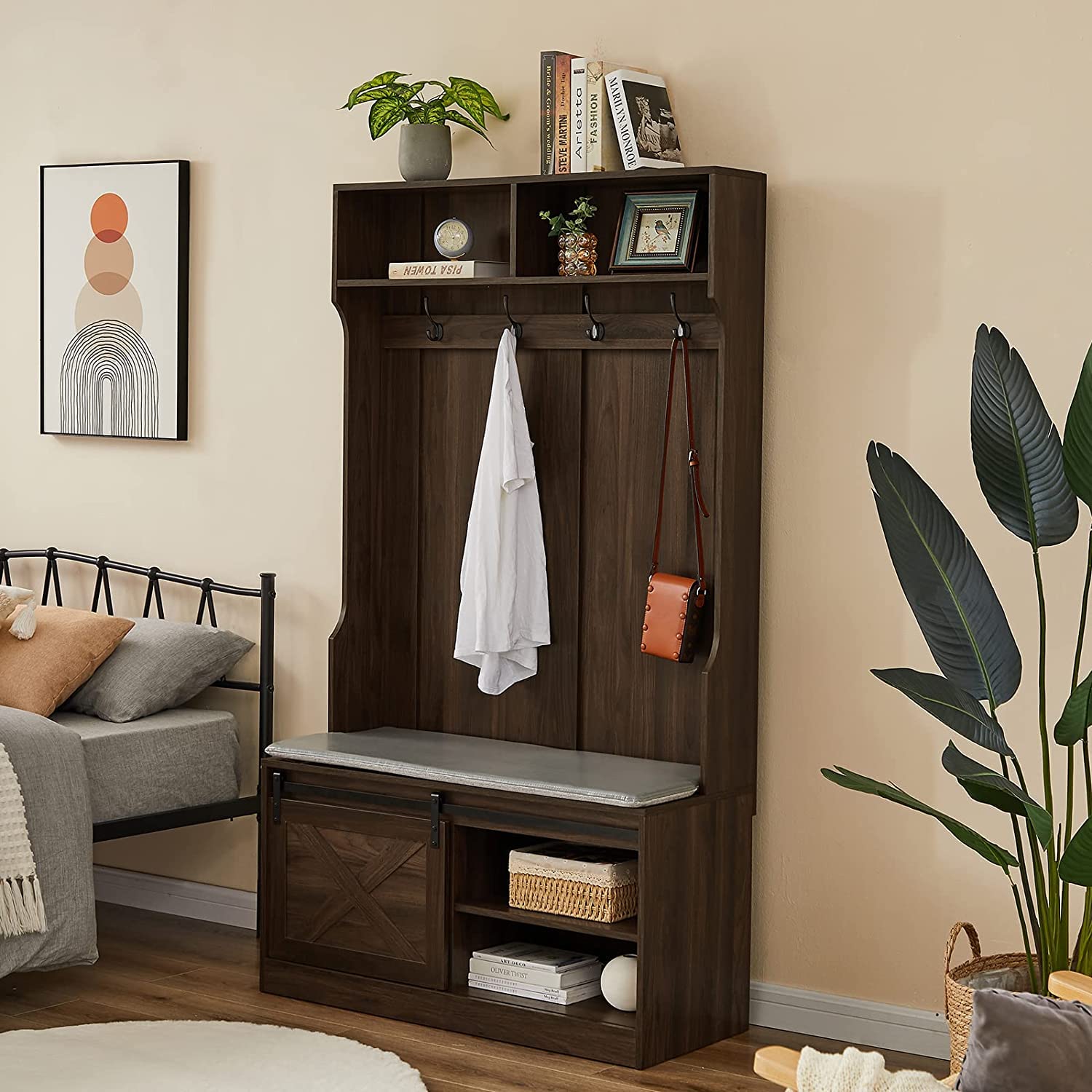 Betoko 71 Inch Wooden Hall Tree with Bench, Coat Racks & Sliding Barn Door - Entryway Storage Bench with Drawers for Mudroom, Foyer or Living Room (Walnut Finish) - Perfect for Organizing Coats, Shoes & Accessories in Small Spaces
