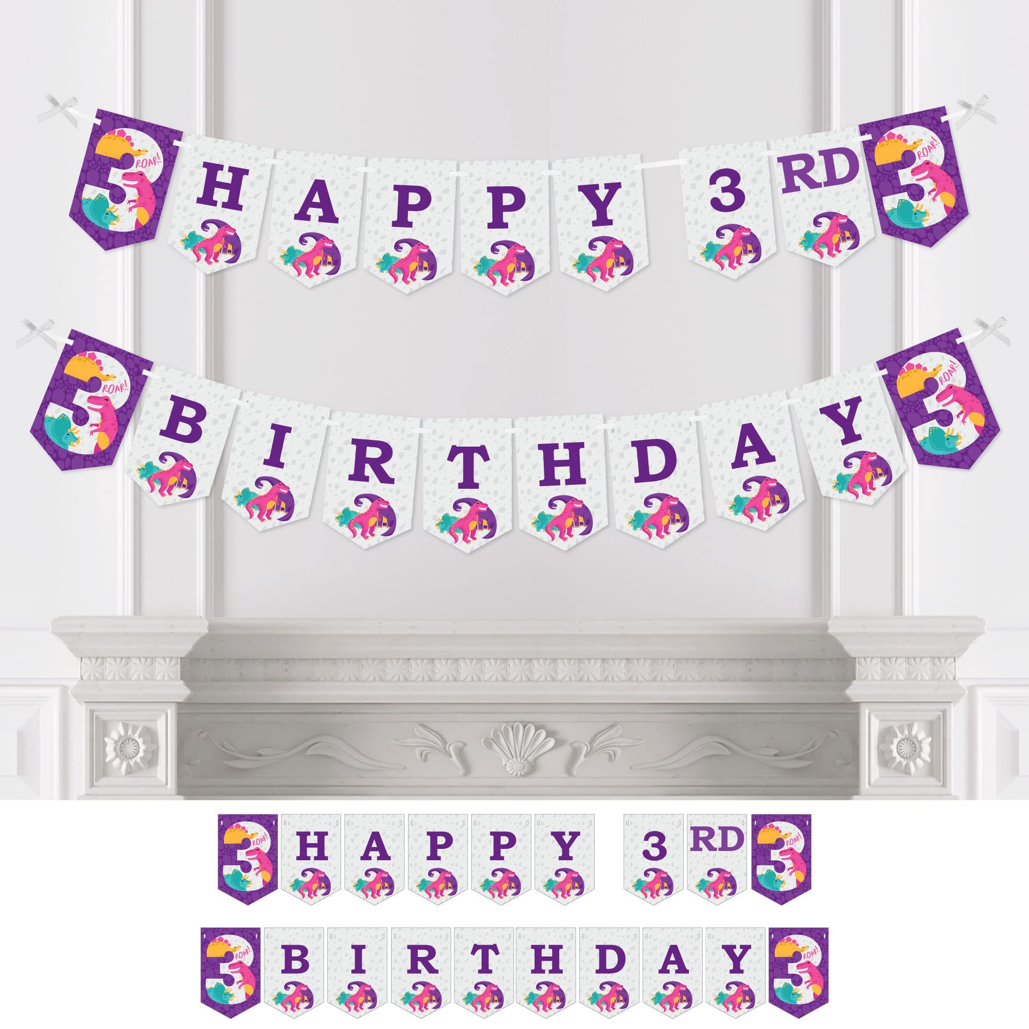 Big Dot of Happiness 3rd Birthday Dinosaur Party Banner - T-Rex Themed Happy 3rd Birthday Decor for Girls - Dino Party Supplies for Indoor/Outdoor Celebrations, Classrooms & Photo Backdrops