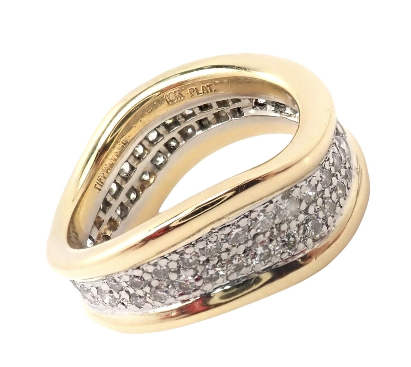 Authentic Tiffany & Co 18k Yellow Gold Platinum Diamond Wave Band Ring for Women - Elegant Wedding, Engagement & Anniversary Jewelry Gift