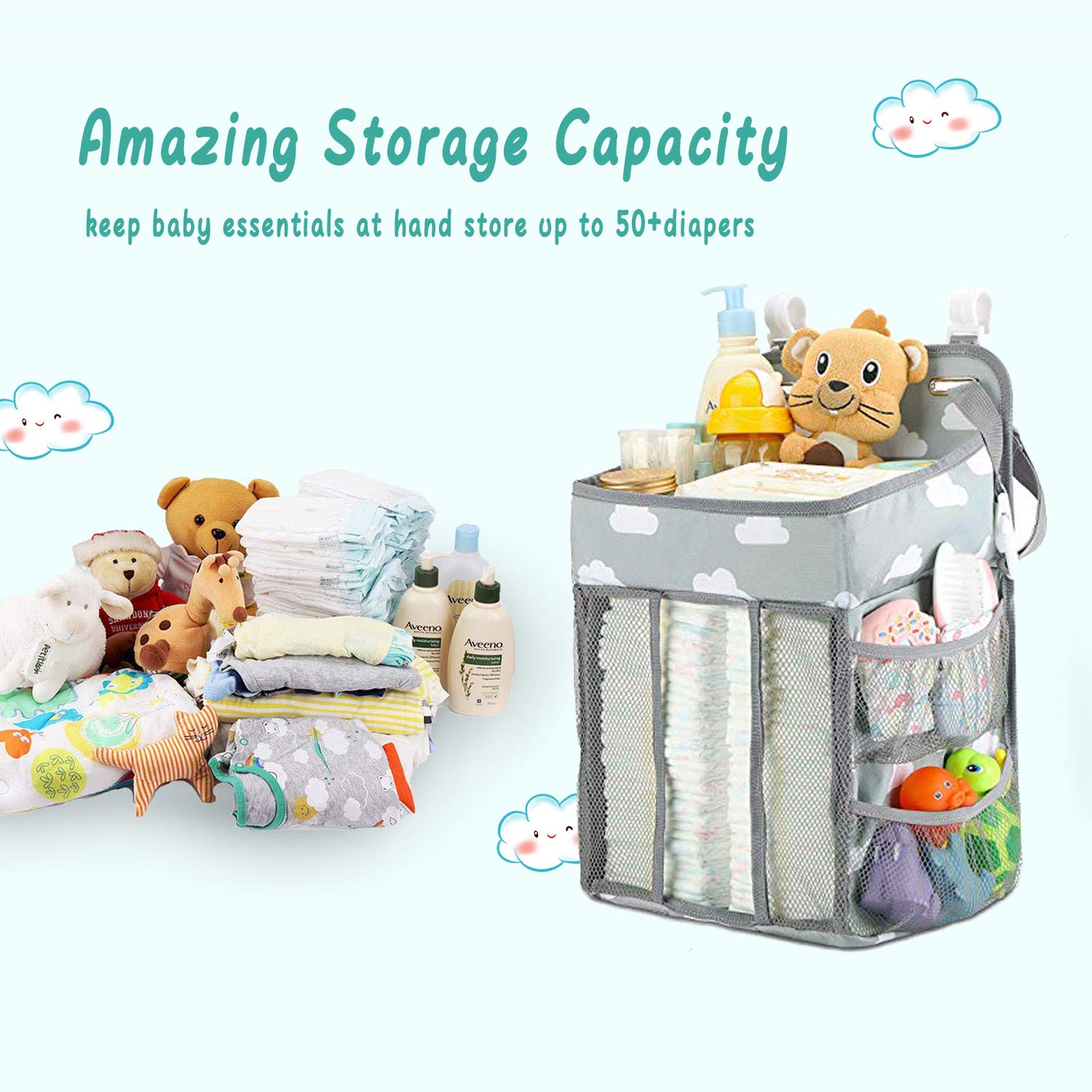 Auvstar Multifunctional Hanging Diaper Organizer - Baby Nursery Storage for Crib, Changing Table & Wall - Perfect Baby Shower Gift (Grey) - Keep Diapers, Wipes & Essentials Handy for Stress-Free Parenting
