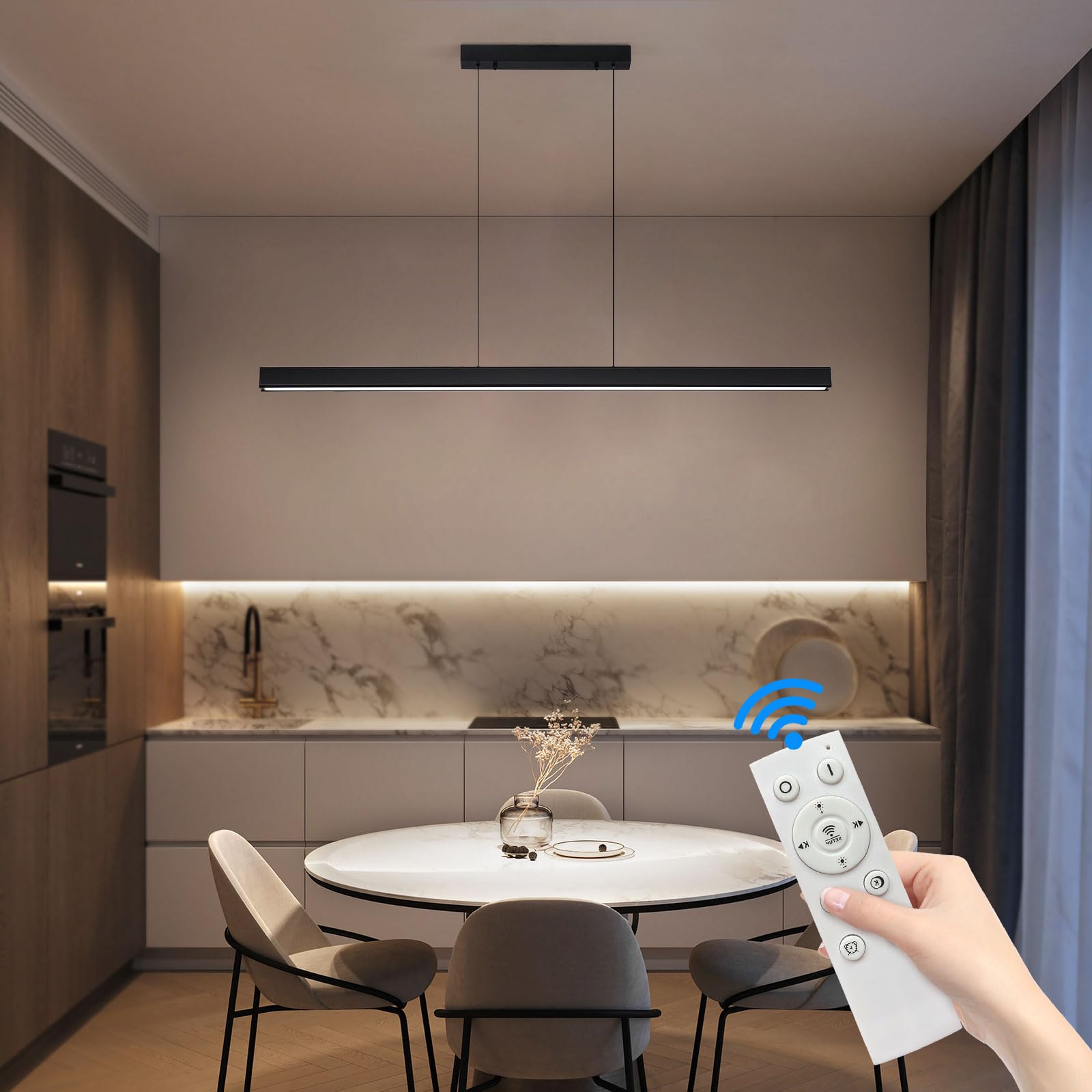 Modern 20W LED Linear Pendant Light Fixture with Remote - 39