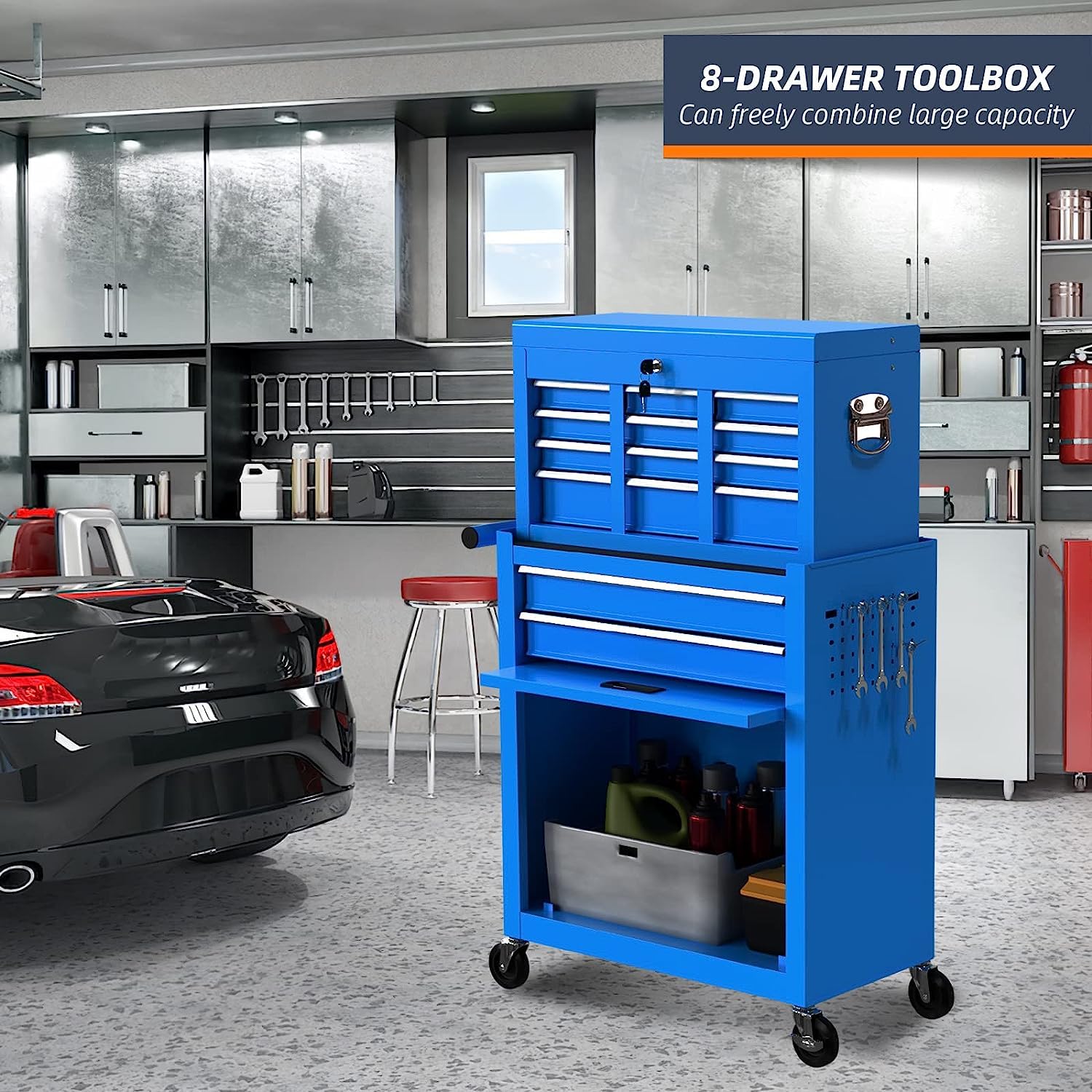 8-Drawer Heavy Duty Rolling Tool Chest with Removable Cabinet & Lock - High Capacity Mobile Tool Storage for Mechanics, Garage Workshop & Tool Room - Perfect for Automotive Repair, DIY Projects & Professional Tool Organization (Blue)