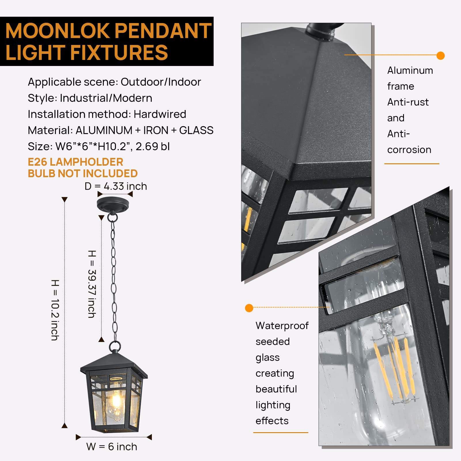 Outdoor Pendant Light Fixture - Waterproof Hanging Porch Lantern with Seeded Glass & Adjustable Chain - Black Exterior Lighting for Entryway, Doorway, Patio, and Garden Decor