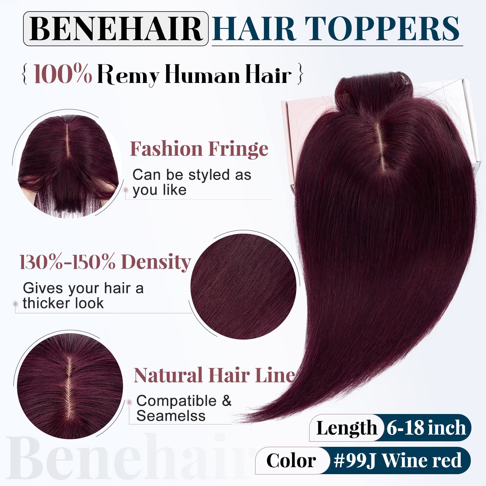 Benehair Clip-in Human Hair Topper with Silk Base - 6 Inch Straight Soft Hair Extension with Thin Bang for Women - Wine Red #99J - Perfect for Hair Loss, Thinning & Styling for Daily Wear, Parties & Special Occasions