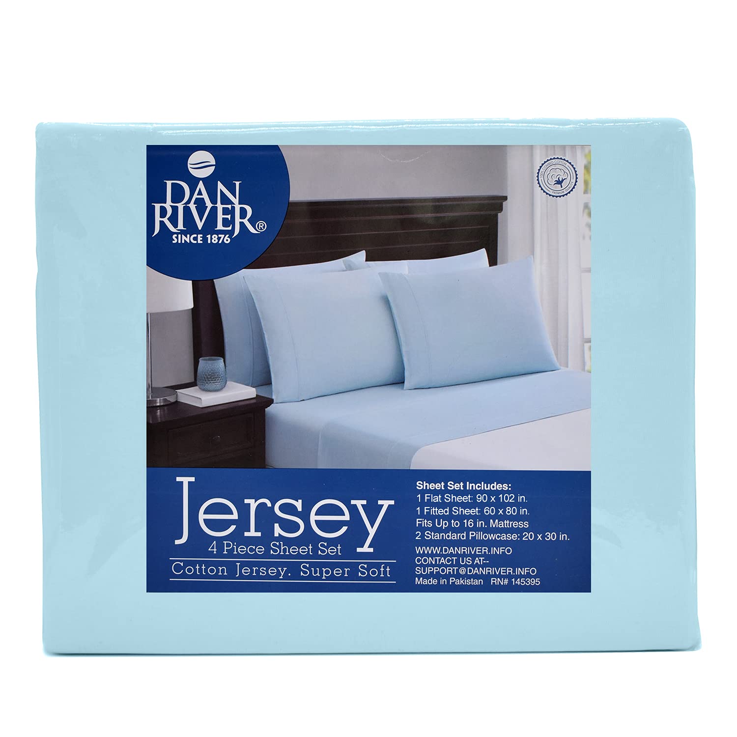 **DAN RIVER Queen Jersey Sheet Set - 100% Cotton Luxury Bed Sheets | Ultra Soft & Comfortable T-Shirt Material | All Season Deep Pocket Bedding (4Pc, Queen, Light Blue) | Perfect for Home, Hotel & Guest Room**
