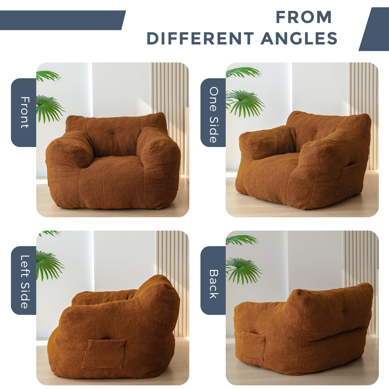 MAXYOYO Sherpa Bean Bag Chair - Boucle Tufted Oversized Bean Bag Sofa for Adults & Kids, Dark Coffee - Cozy Living Room Seating, Game Room Furniture, Dorm Lounge Chair