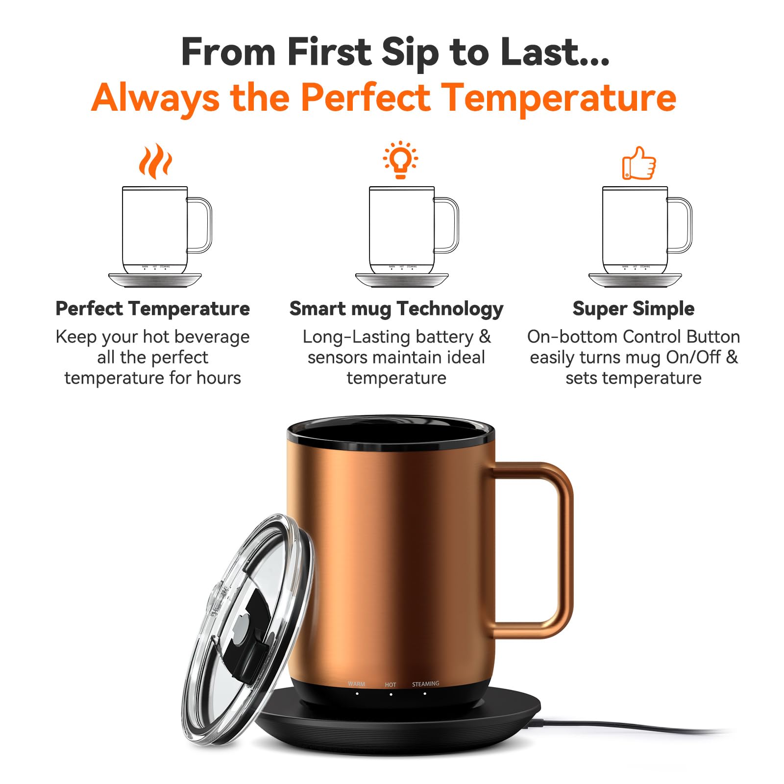 VSITOO Smart Self-Heating Coffee Mug with Temperature Control - 3 Heat Settings, App & Manual Control, 180 Min Battery Life, Fast Wireless Charging (140℉, Copper, 14oz) - Perfect for Office, Travel & Home Use