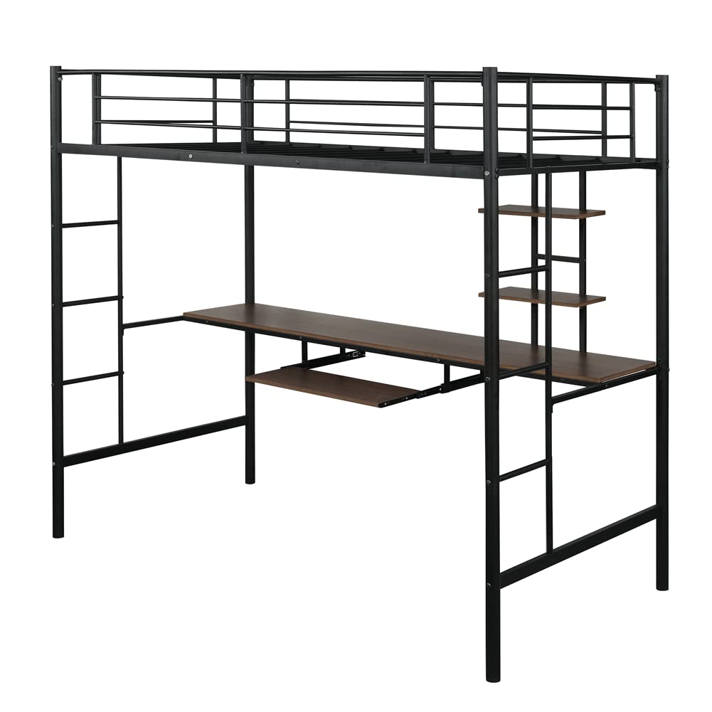 Twin Size Loft Bed Frame with MDF Desk & Storage Shelves - Metal Bedroom Furniture with Guardrails & Ladder - Space-Saving Workstation for Small Apartments, Dorms, Kids Rooms & Home Offices