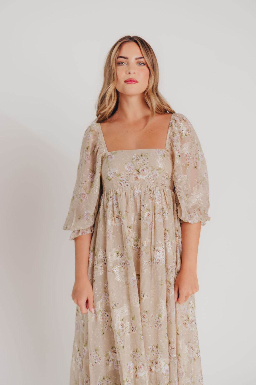 Elegant Mona Maxi Dress in Beige & Brown Floral Print - Women's Boho Summer Dress for Beach, Vacation & Casual Wear | Restocking August