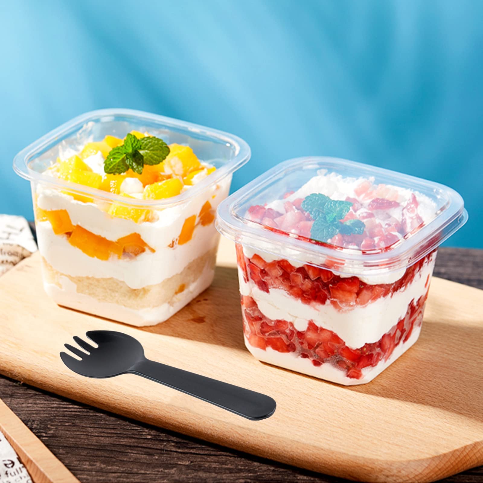 TOFLEN 50-Pack 12 oz Clear Square Plastic Dessert Cups with Lids & Sporks - Reusable Parfait, Yogurt, Pudding, Mousse, Fruit & Cake Containers for Parties, Catering & Home Baking