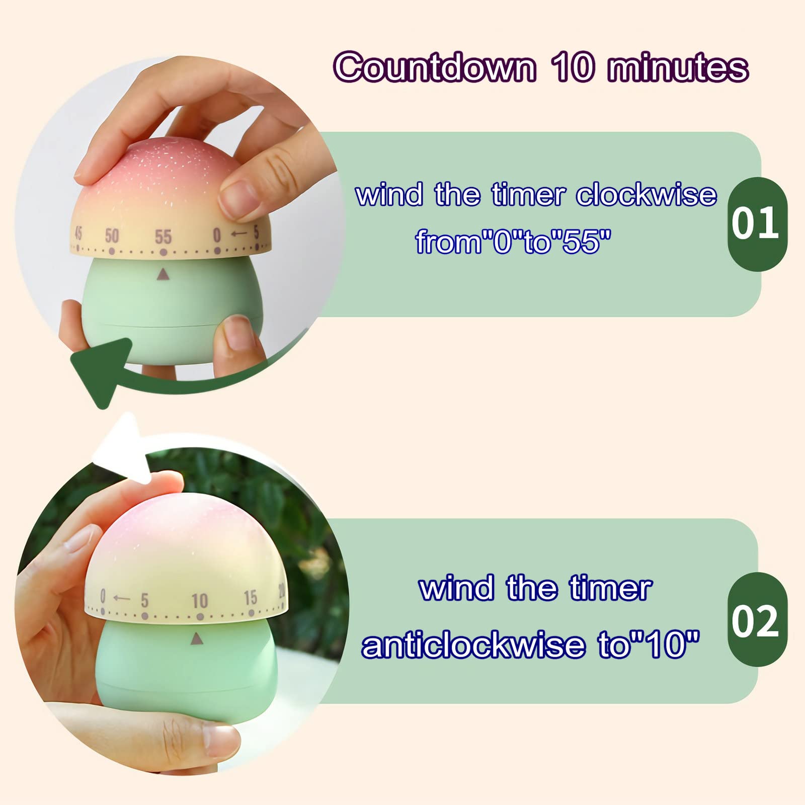 60-Minute Wind Up Mechanical Kitchen Timer - Cute Mushroom-Shaped Manual Countdown Timer for Kids, Cooking, Baking, Classroom & Study - Green Base Home & Office Essential