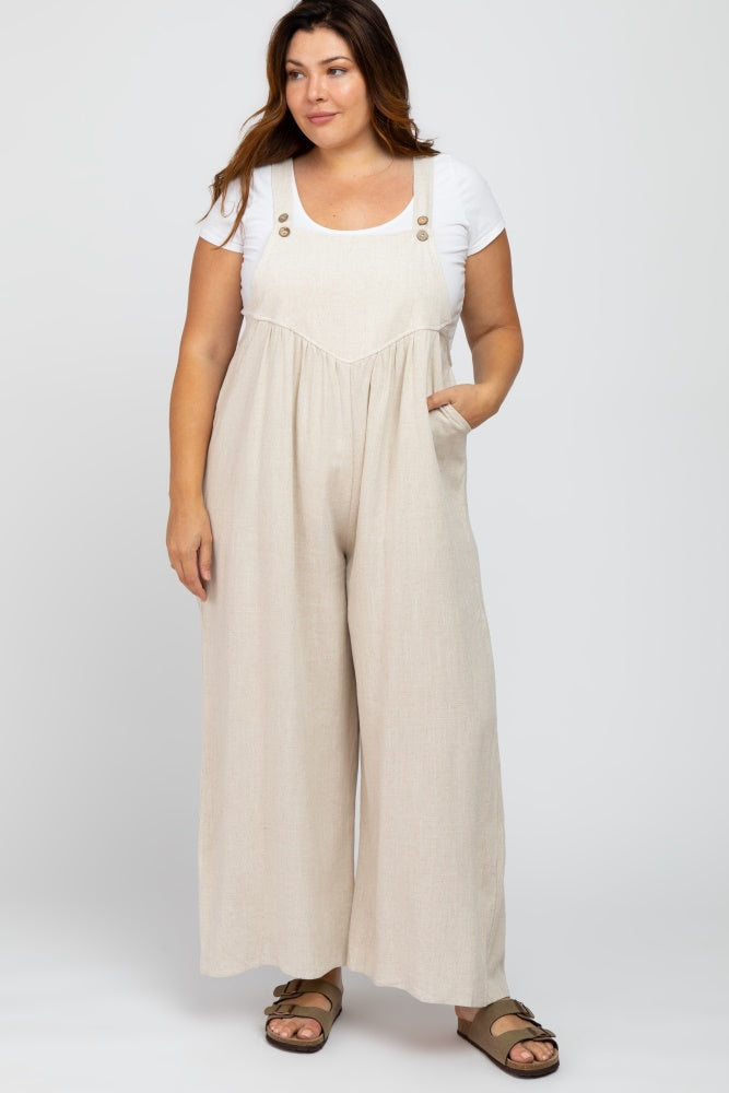 Beige Linen Maternity Overalls for Women - Plus Size Pregnancy Jumpsuit with Adjustable Straps - Comfortable Outfit for Maternity Photos, Baby Shower & Everyday Wear