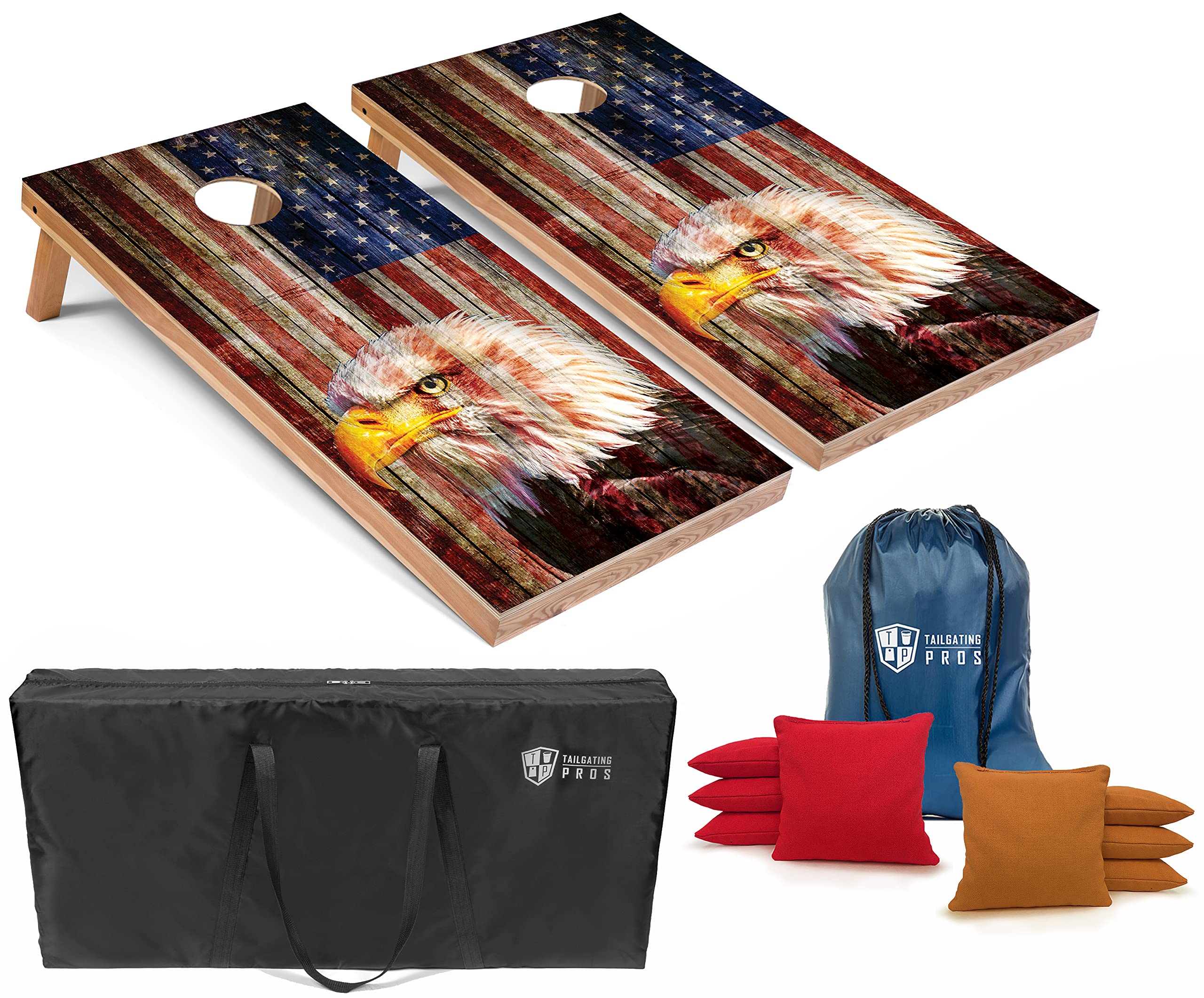 Patriotic Eagle US Flag Cornhole Board Set with Bean Bags & Carrying Case - 4'x2' Outdoor Toss Game for Tailgating, Backyard Parties, BBQs - Optional LED Lights for Night Play