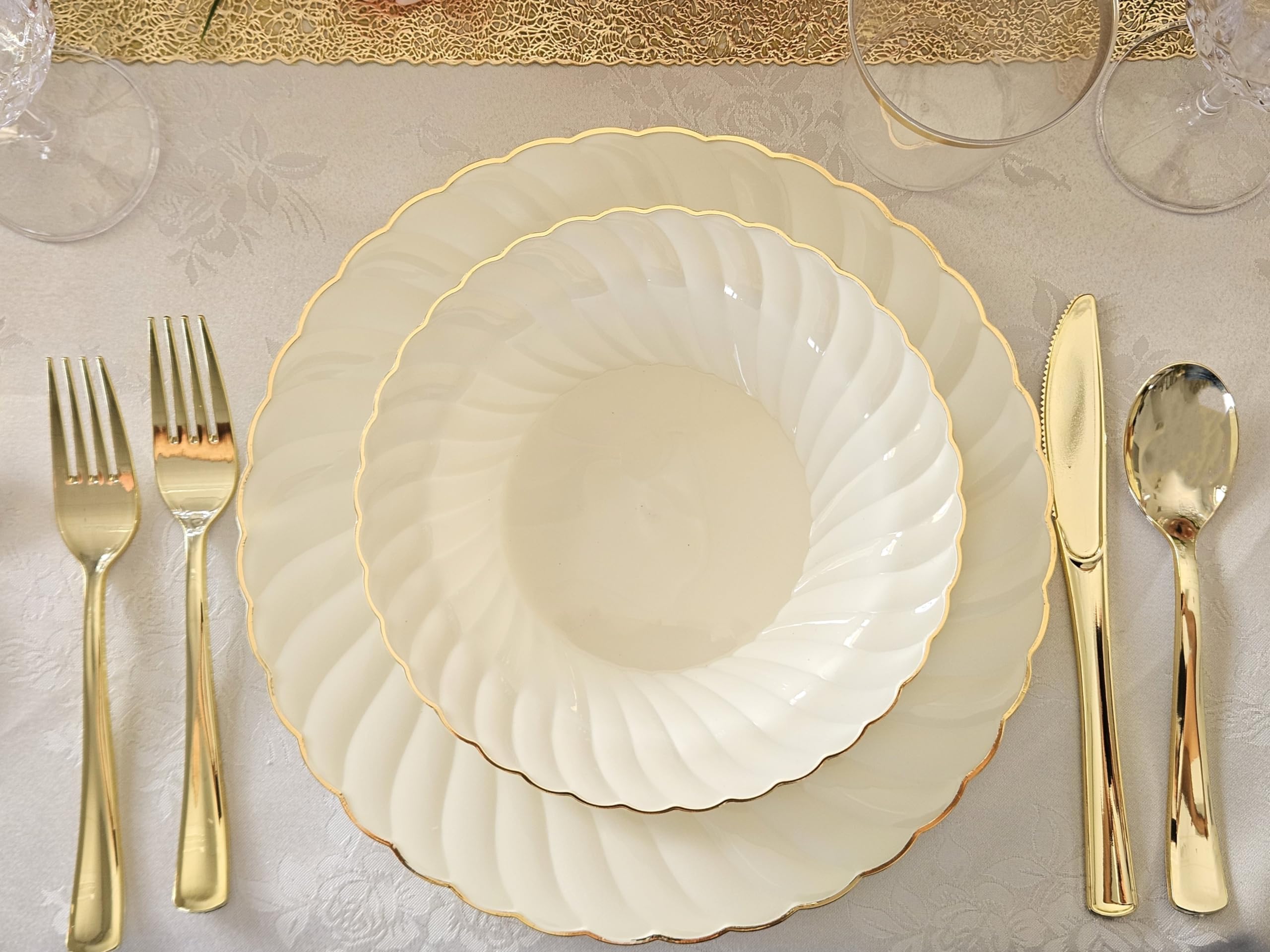 240-Pack Vintage Wedding Disposable Plastic Plates Set - 120 x 10.25'' Dinner Plates + 120 x 7.5'' Salad/Dessert Plates in Blossom Ivory & Gold | Perfect for Weddings, Parties, Bridal Showers & Special Events