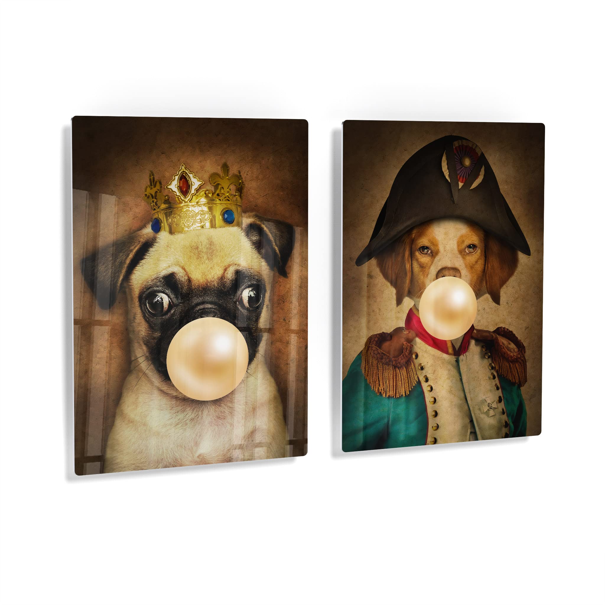 King Pug & Epagneul Breton Dog Portrait Metal Wall Art Set - Crowned Pug Chewing Bubble Gum, 2-Piece Animal Decor for Living Room, Bedroom, Nursery (17x11 Inches) - Perfect for Pet Lovers' Home & Kids Room Wall Decoration
