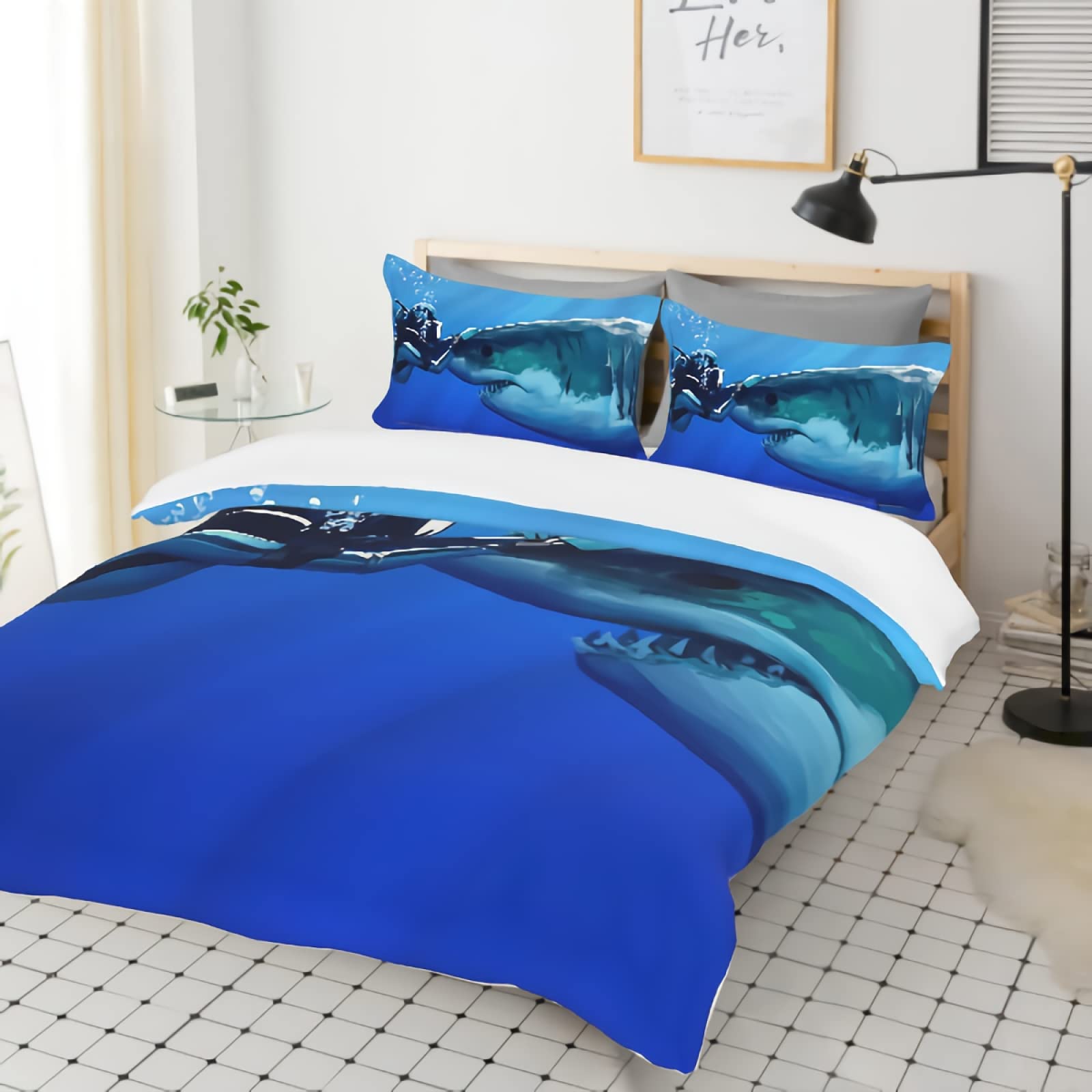 GREDBH Blue Sharks Duvet Cover Set - 100% Soft Microfiber Shark Print Comforter Cover with 2 Pillowcases, 3-Piece Queen Size Bedding Set (Comforter Not Included) - Perfect for Kids' Rooms, Ocean-Themed Bedrooms & Shark Lovers