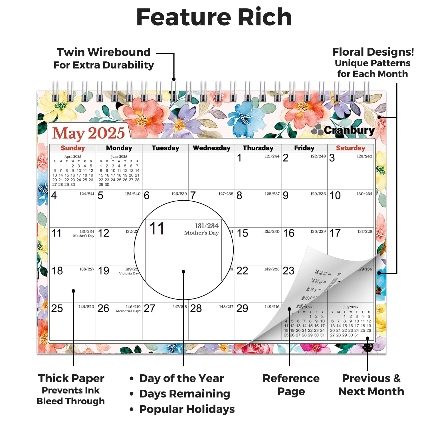 CRANBURY Standing Desk Calendar 2025 - Floral 8x6 Desktop Planner (January-December 2025) | Monthly Flip Calendar with Stickers | Perfect for Office, Home & Gift Giving | Beautiful Floral Design Small Calendar for Workstation & Study Desk