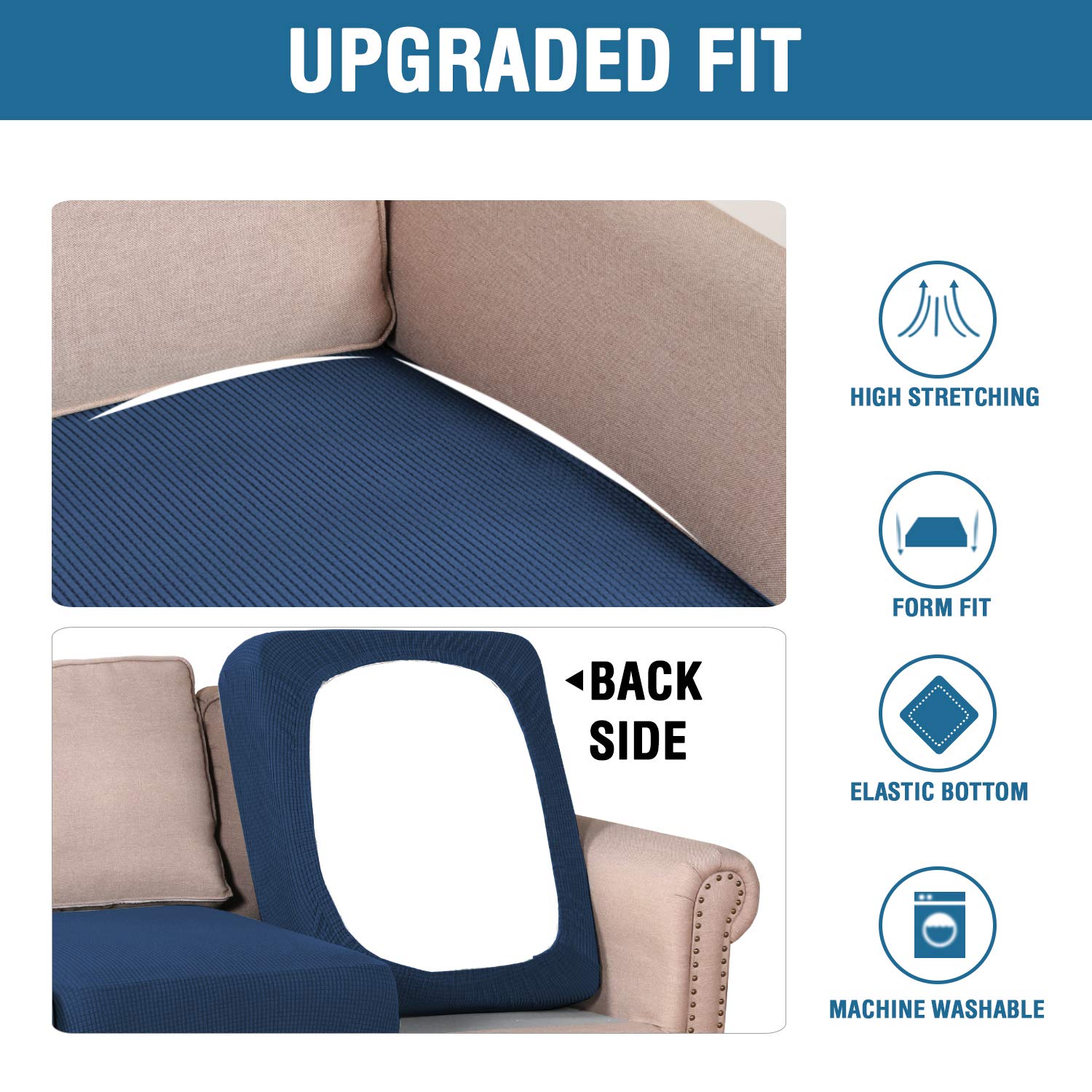 H.VERSAILTEX Super Stretch Sofa Cushion Covers Set - 3 Piece Jacquard Textured Twill Slipcovers, Navy Blue - Perfect for Living Room, Sectional, Recliner & Home Decor Protection