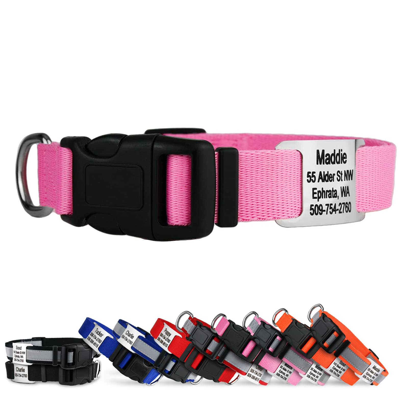 Personalized Dog Collar with Engraved Nameplate - Adjustable Pet Collar with Silent Stainless Steel ID Tag for Small Medium Large Dogs | Perfect for Daily Walks, Training & Gifts (Pink, Large Size)