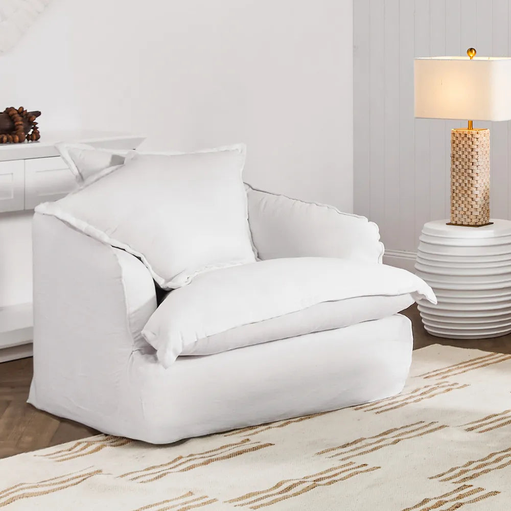 Hayman Slip Cover Arm Chair - White Linen Fabric Upholstered Accent Chair for Living Room, Bedroom & Office | Modern Comfortable Seating Furniture