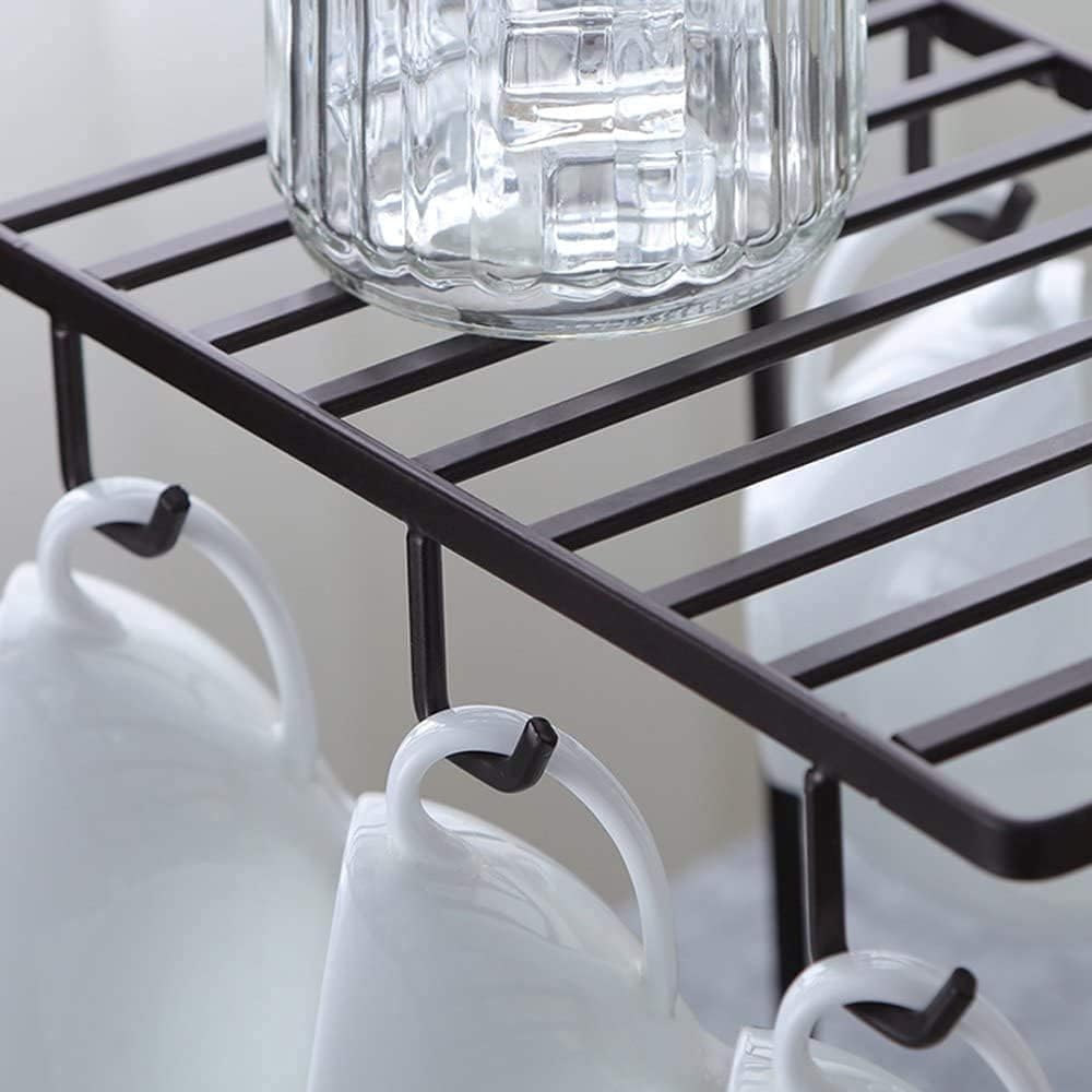 Black Metal Tea & Coffee Cup Holder with 6 Hooks - Kitchen Cabinet & Dining Table Organizer for Mugs, Plates & Utensils - Perfect for Small Space Storage & Home Decor