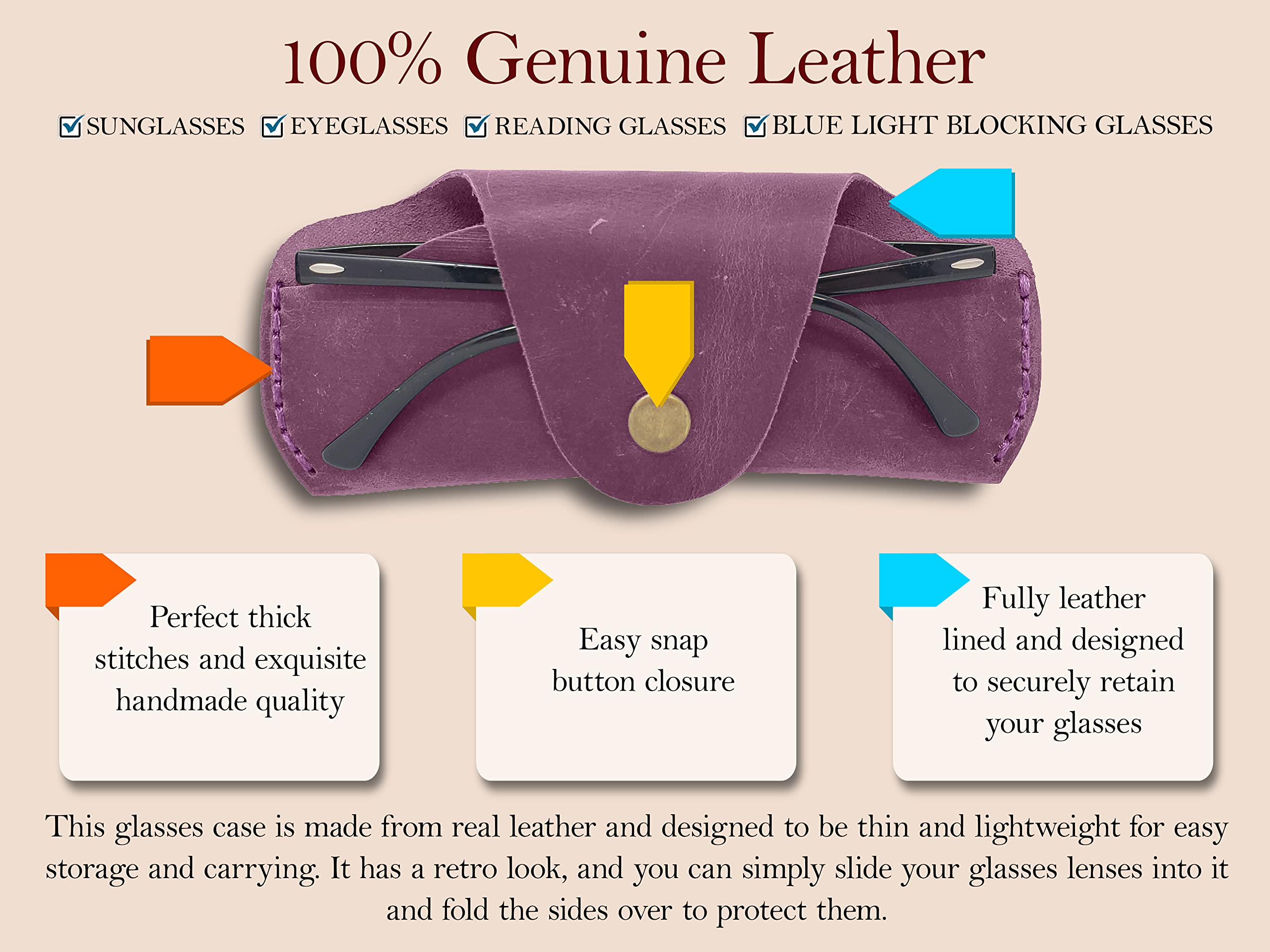 Premium Soft Leather Glasses Case - Slim Protective Eyewear Sleeve for Men & Women - Vintage Style Sunglass Holder - Perfect for Travel, Office & Daily Use