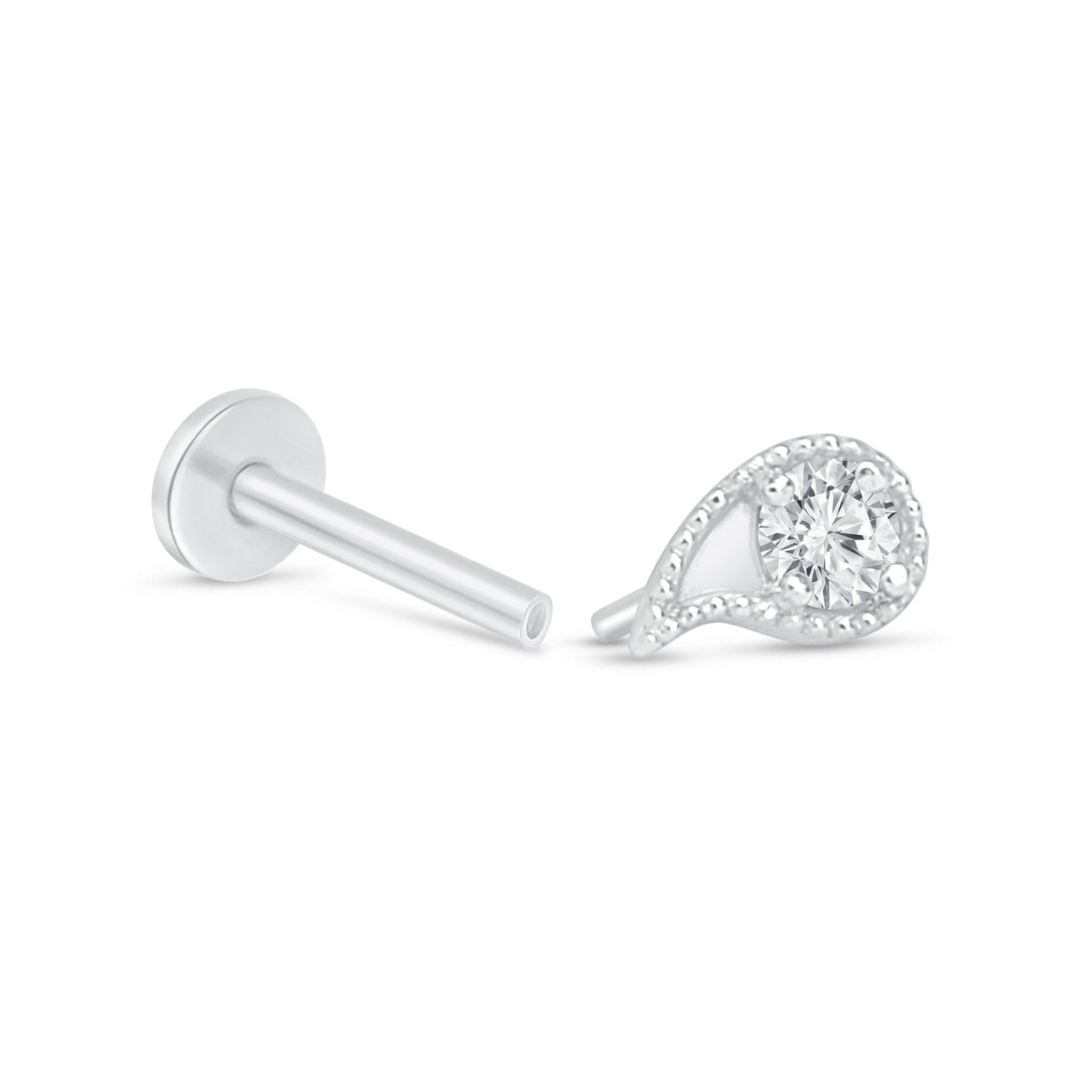 14K White Gold Diamond Paisley Flat Back Stud Earrings with Milgrain Detailing | Elegant Everyday Jewelry for Women, Perfect for Work, Parties & Special Occasions