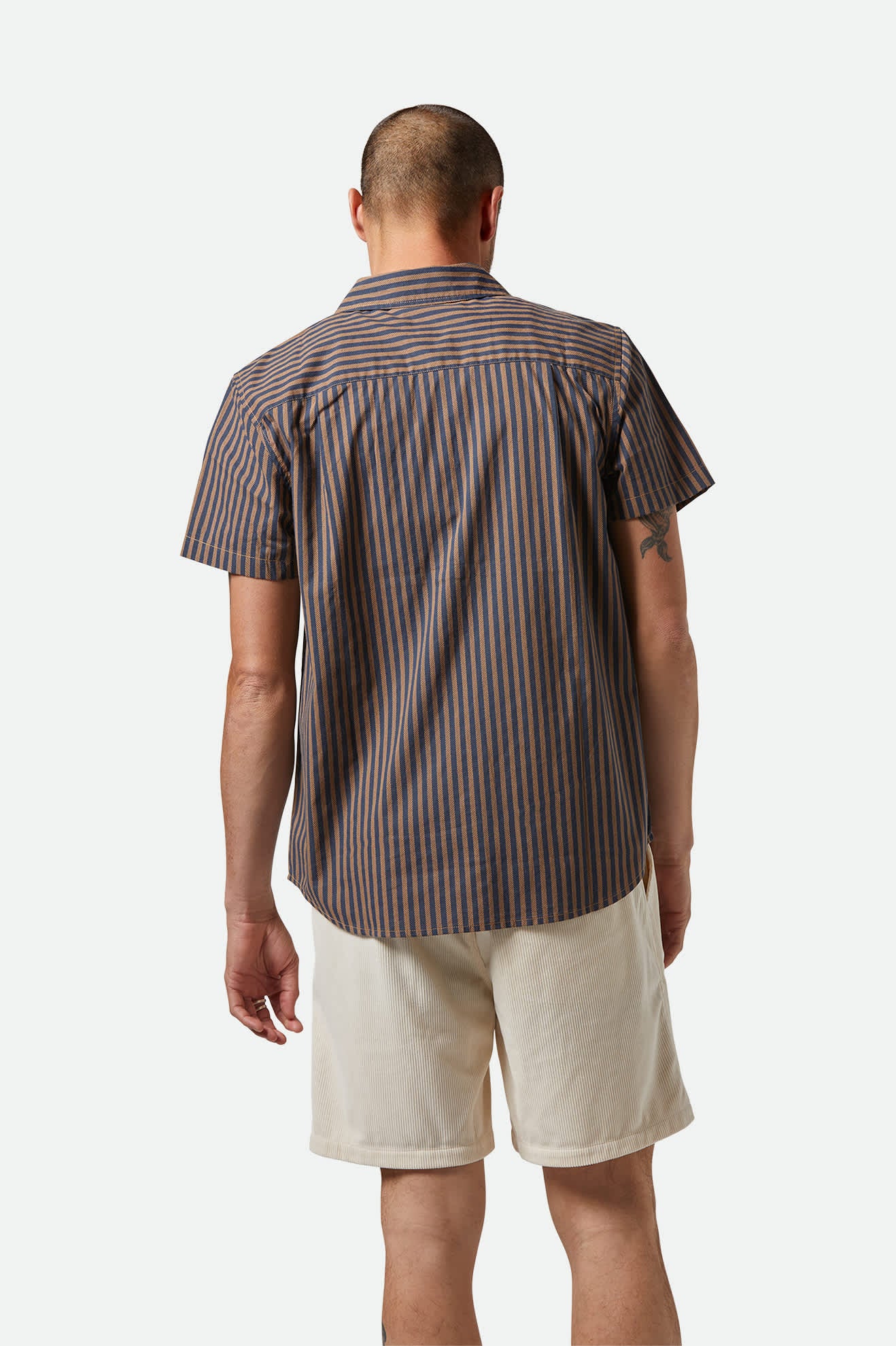 Vintage Washed Blue & Sunnaked Stripe Short Sleeve Charter Print Shirt for Men - Casual Summer Wear, Beach Outings & Street Style Fashion