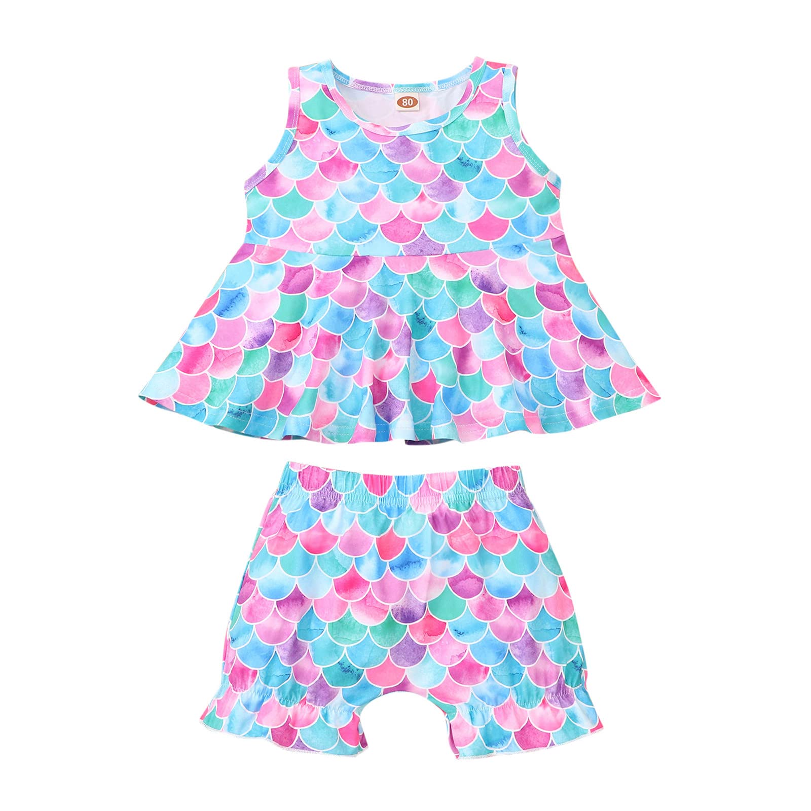 **Toddler Girls' Short Sleeve Fish Scale Print T-Shirt & Shorts 2-Piece Outfit Set – Cute Casual Summer Playwear for Baby & Kids**    *(Use for beach trips, daycare, playdates, or matching family photos!)*