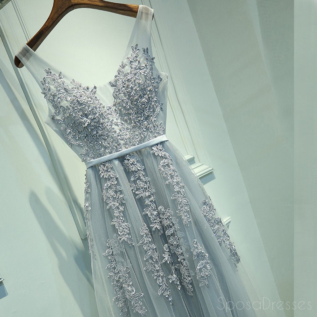 Elegant Long Sleeve V-Neck Gray Lace Tulle A-Line Prom Dress - Formal Evening Gown for Homecoming, Wedding Guest & Special Occasions