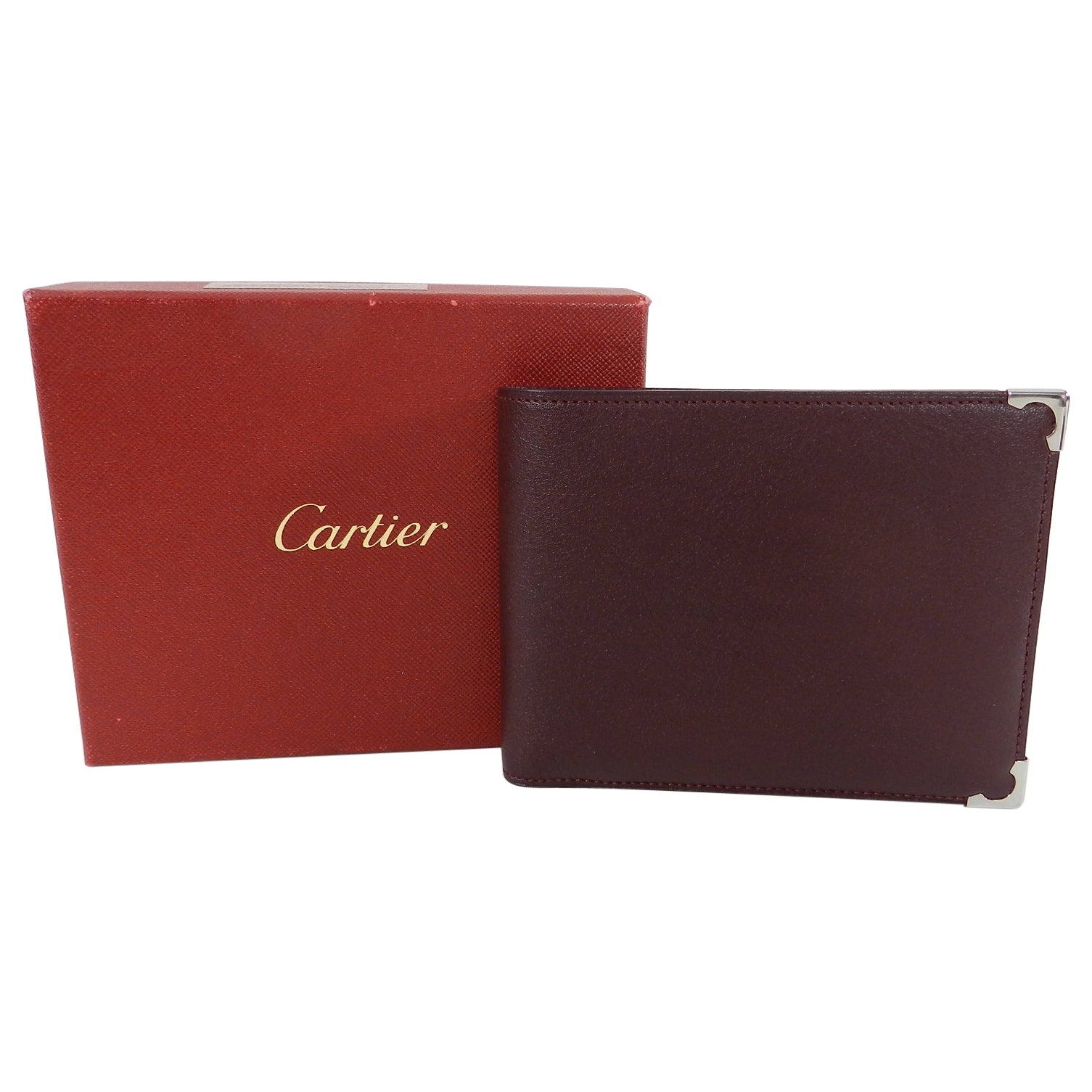 Cartier Burgundy Genuine Leather Bifold Wallet with Silver Corner Caps - Stylish & Durable Men's Wallet for Everyday Use & Gifts