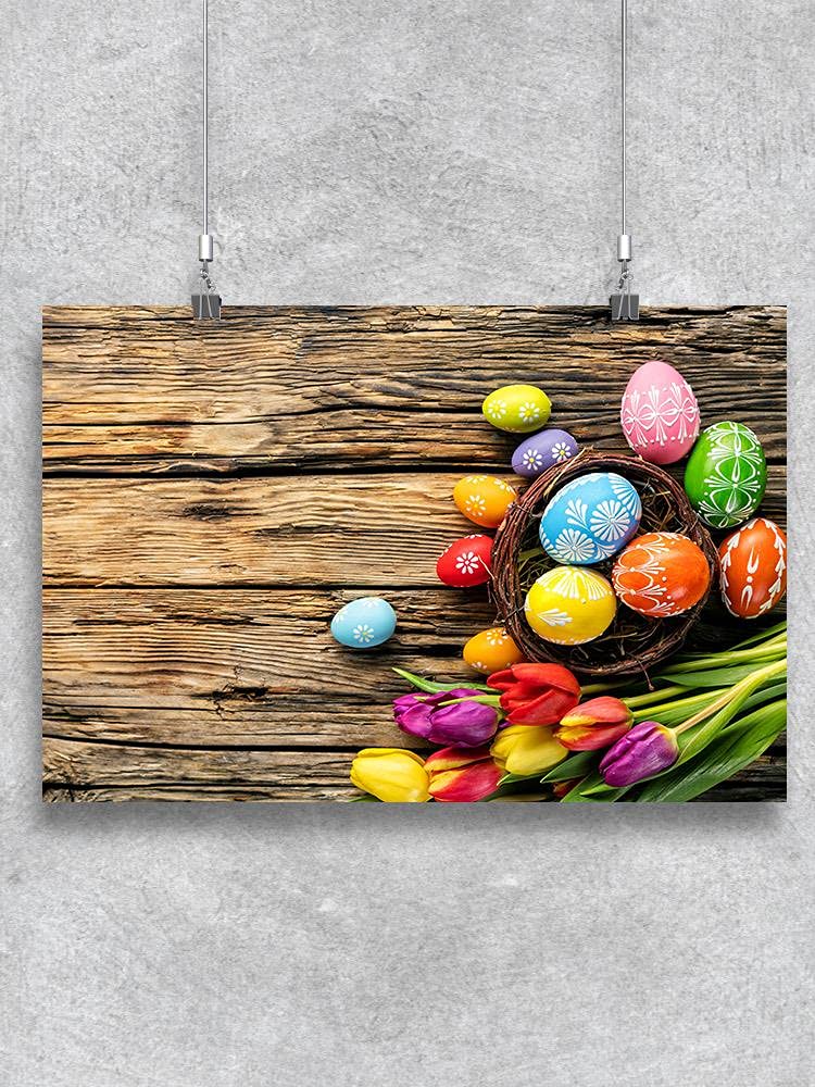 Easter Eggs and Tulips Wooden Wall Art Print - Spring Home Decor for Living Room, Bedroom & Office