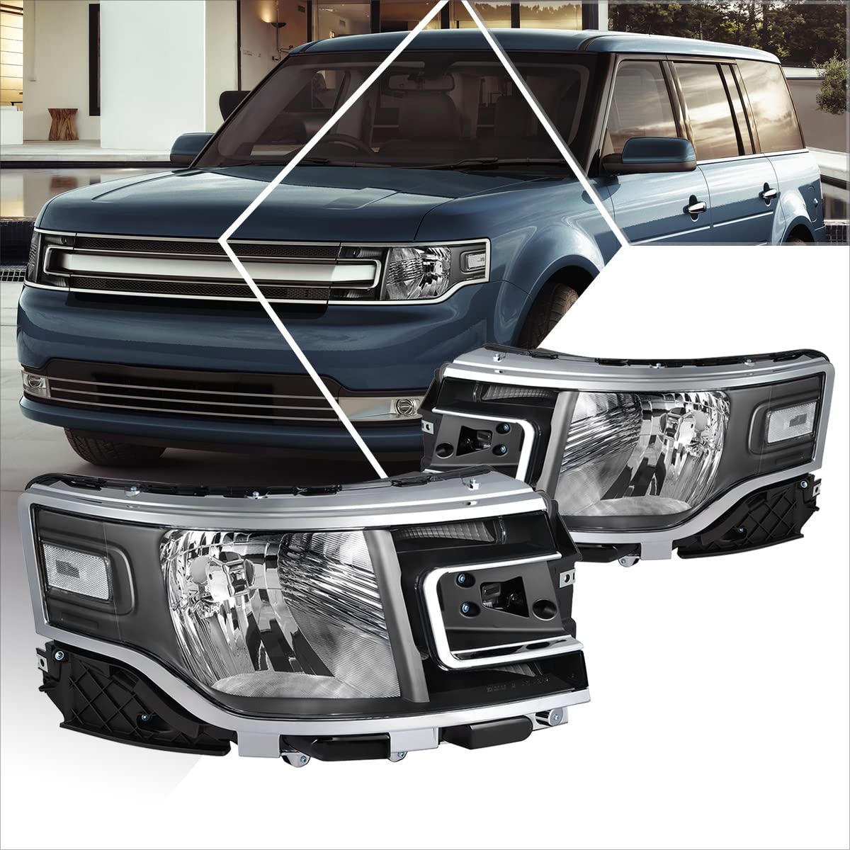 Pair of Halogen Headlights Headlamps Assembly with Black Housing & Clear Corner - Compatible with Ford Flex 2013-2019 Models - Perfect for Night Driving & Vehicle Upgrades