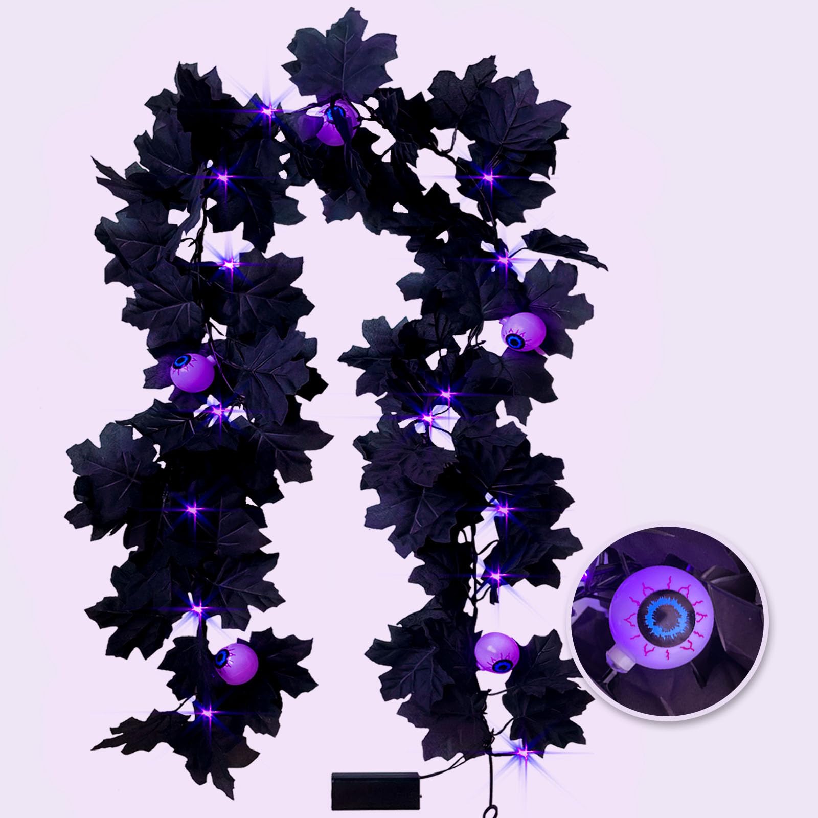Black Maple Leaf Garland with 20 LED Purple Lights - 5.7FT Halloween & Fall Decor for Home, Indoor/Outdoor, Party Decoration | Perfect for Halloween Parties, Thanksgiving Decor, and Autumn Home Decorating