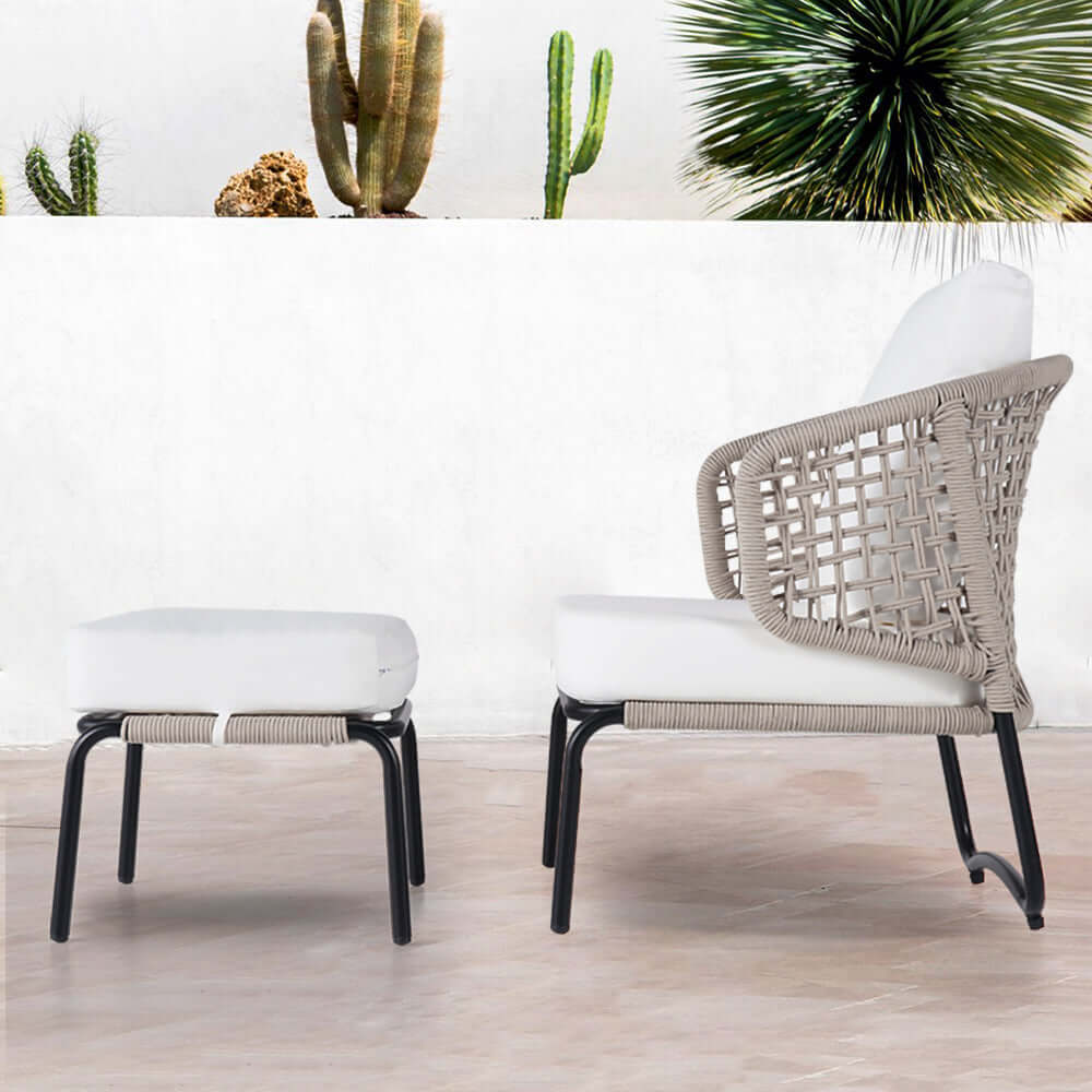Modern Aluminum & Rope Outdoor Sofa Patio Chair Set with Ottoman in White & Black - Perfect for Backyard, Poolside, and Garden Relaxation