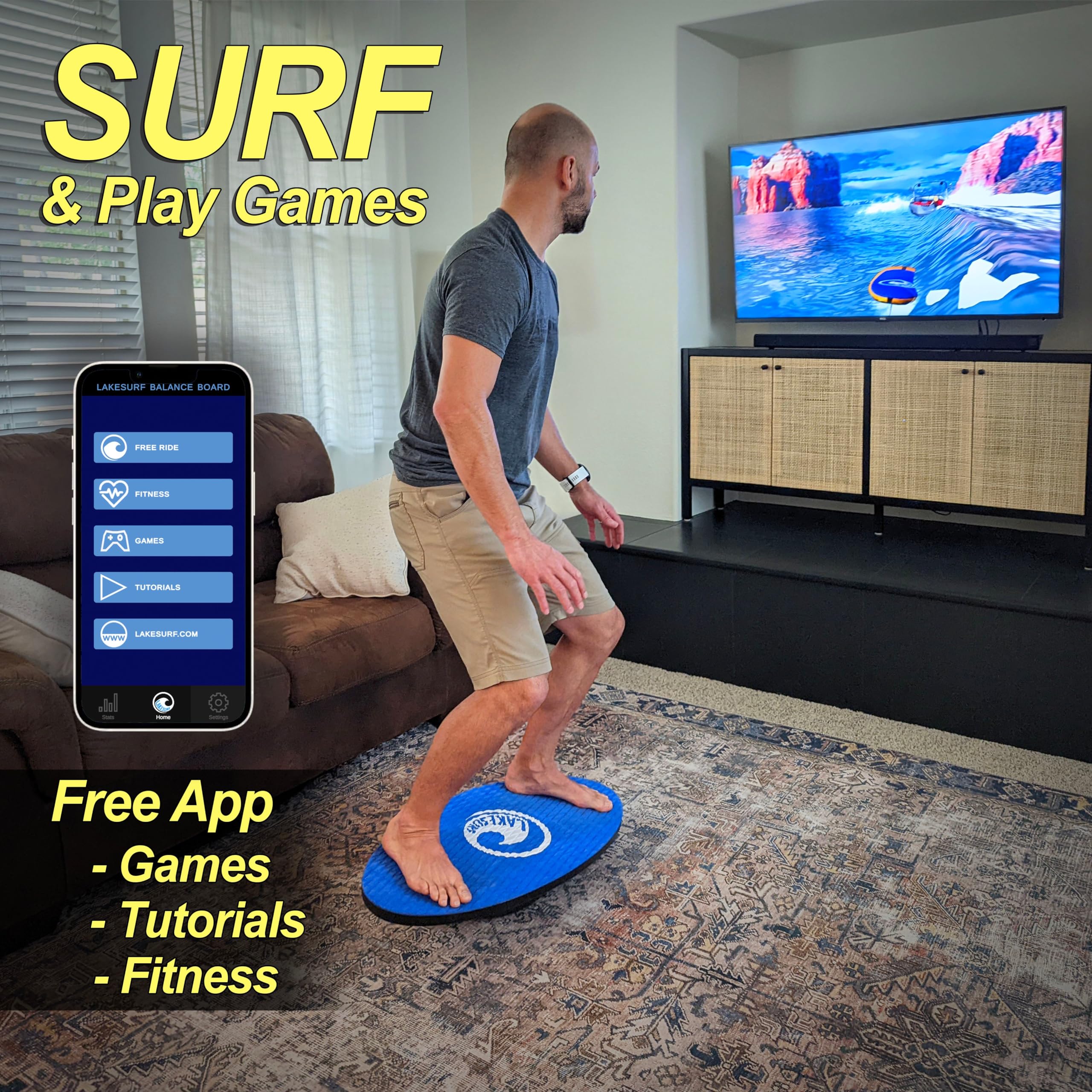 Lakesurf Wakesurf Balance Board with Motion Tracking App & Phone Mount - Wakesurfing Simulator for Training, Fitness, Games & Tutorials (Green) - Perfect for Home Workouts, Surf Practice & Interactive Fitness Training