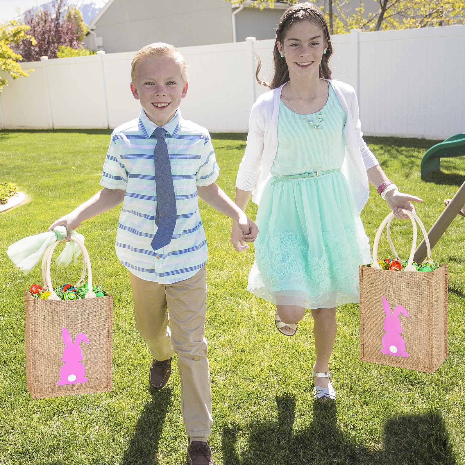 ATFUNSHOP Easter Tote Bag for Kids - Reusable Blue Bunny Basket for Egg Hunting - Durable Linen Easter Basket for Boys & Girls - Perfect for Easter Egg Hunts, Party Favors, and Spring Celebrations