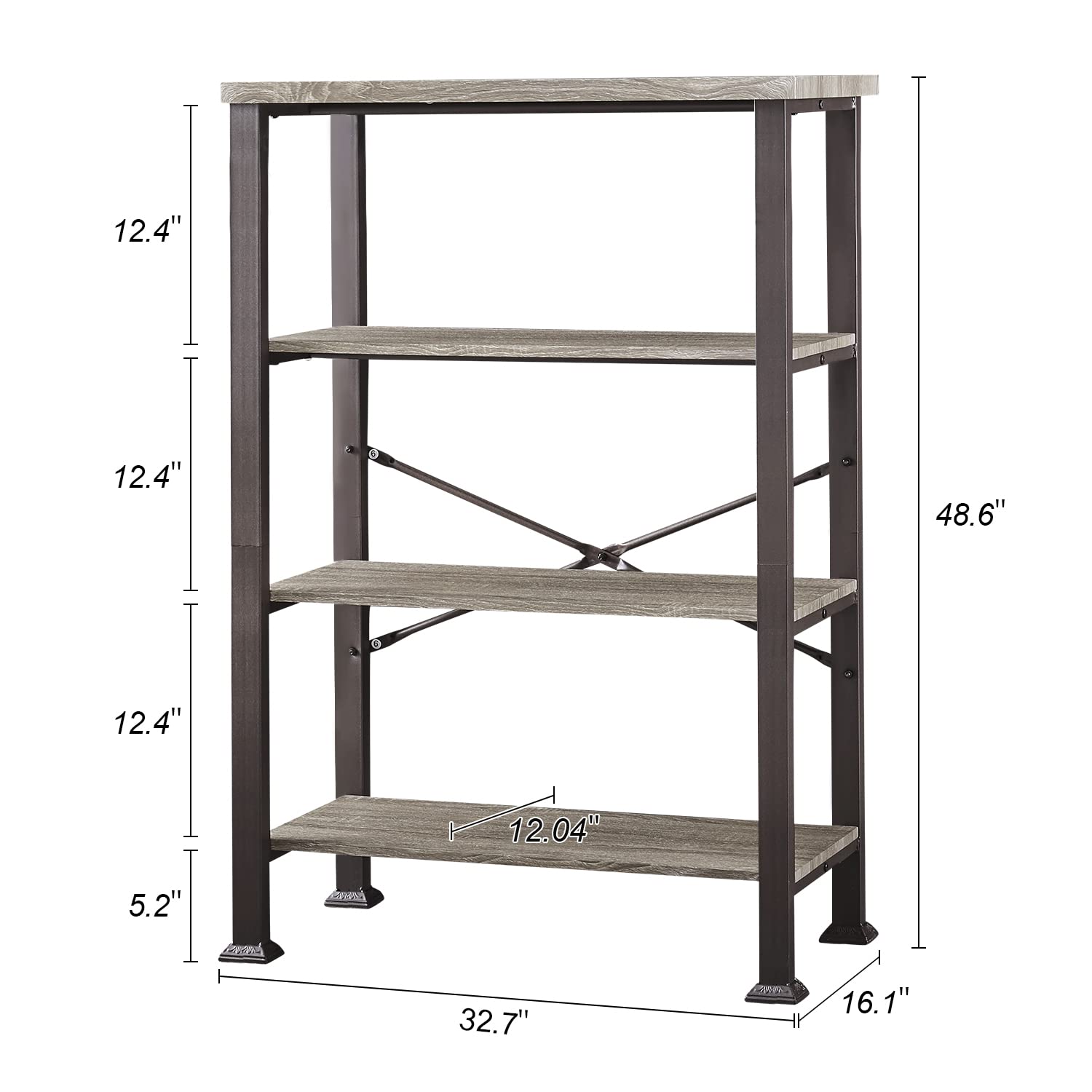HOMBAZAAR 4-Tier Industrial Bookshelf - Grey Engineered Wood & Metal Bookcase with Deep Shelves for Living Room, Office, Bedroom, Kitchen - Perfect for Home Decor, Book Storage, and Displaying Decorative Items