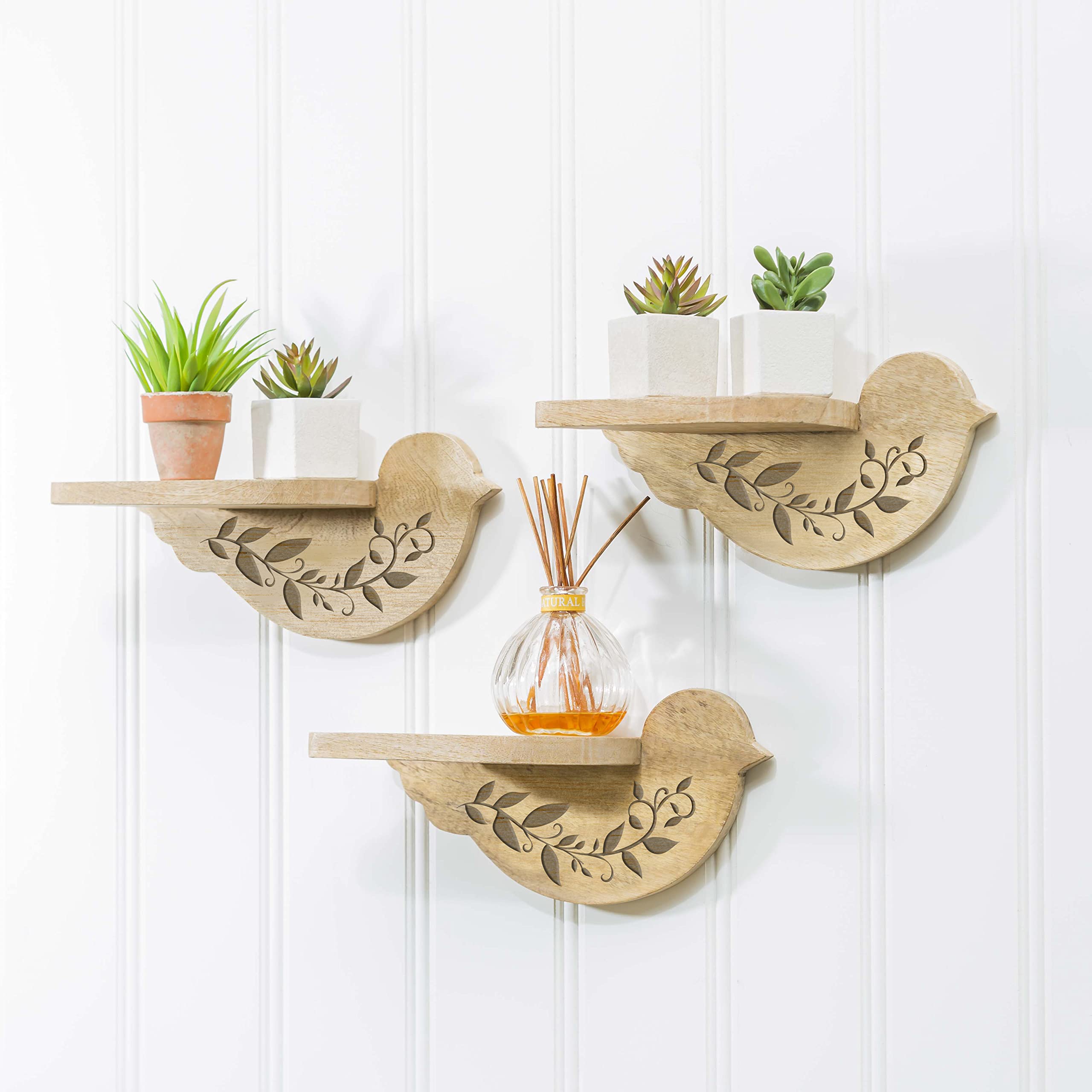 Evergreen Wooden Bird-Shaped Wall Shelves - Set of 3 for Home Decor, Books & Plants | Rustic Boho Style Floating Shelves for Living Room, Bedroom & Nursery