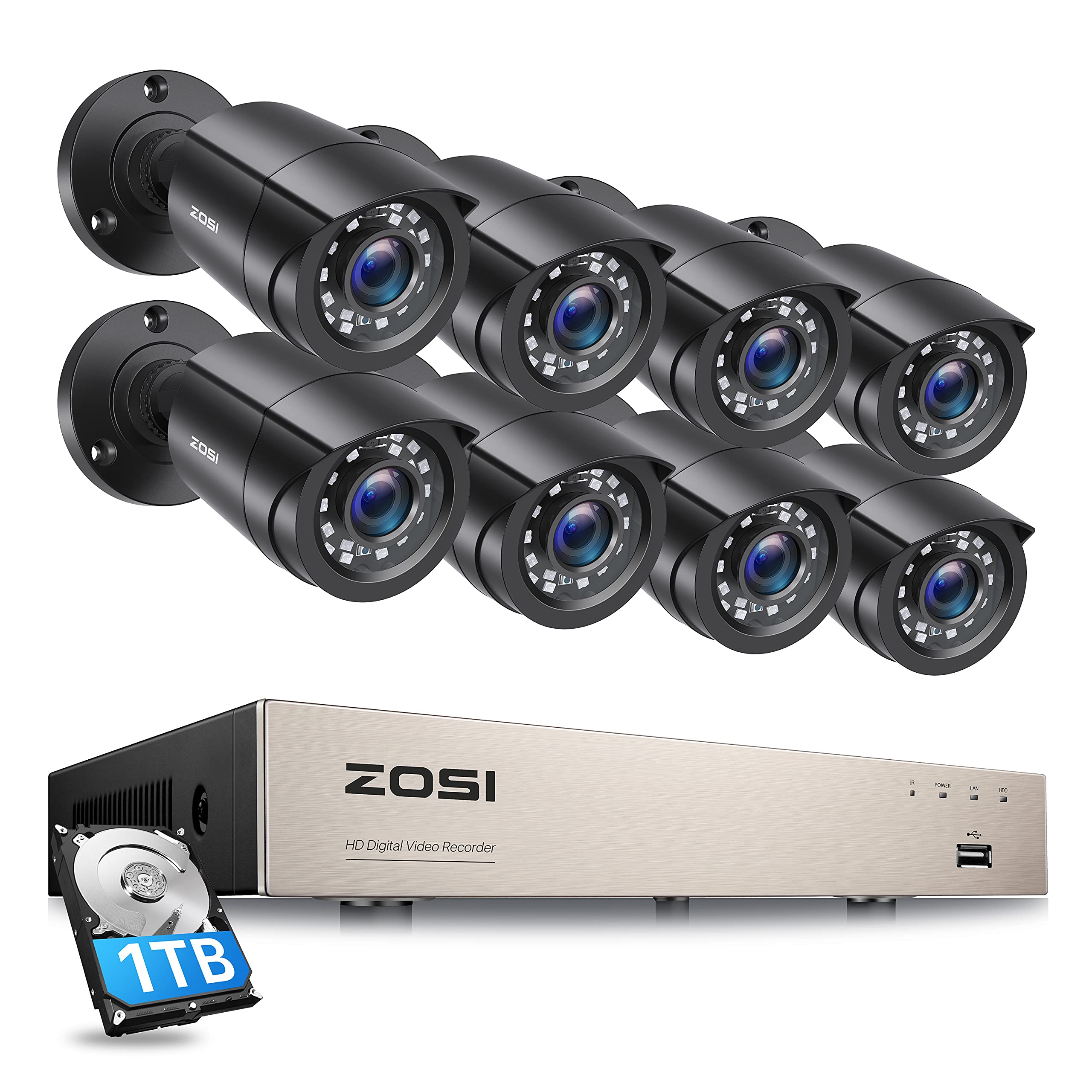 ZOSI 8CH 5MP Outdoor Home Security Camera System with 1TB HDD, H.265+ DVR, 8 Weatherproof Surveillance Cameras, 80ft Night Vision, Motion Detection & Remote Access - Ideal for 24/7 Home/Business Protection, Backyard Monitoring & Property Security